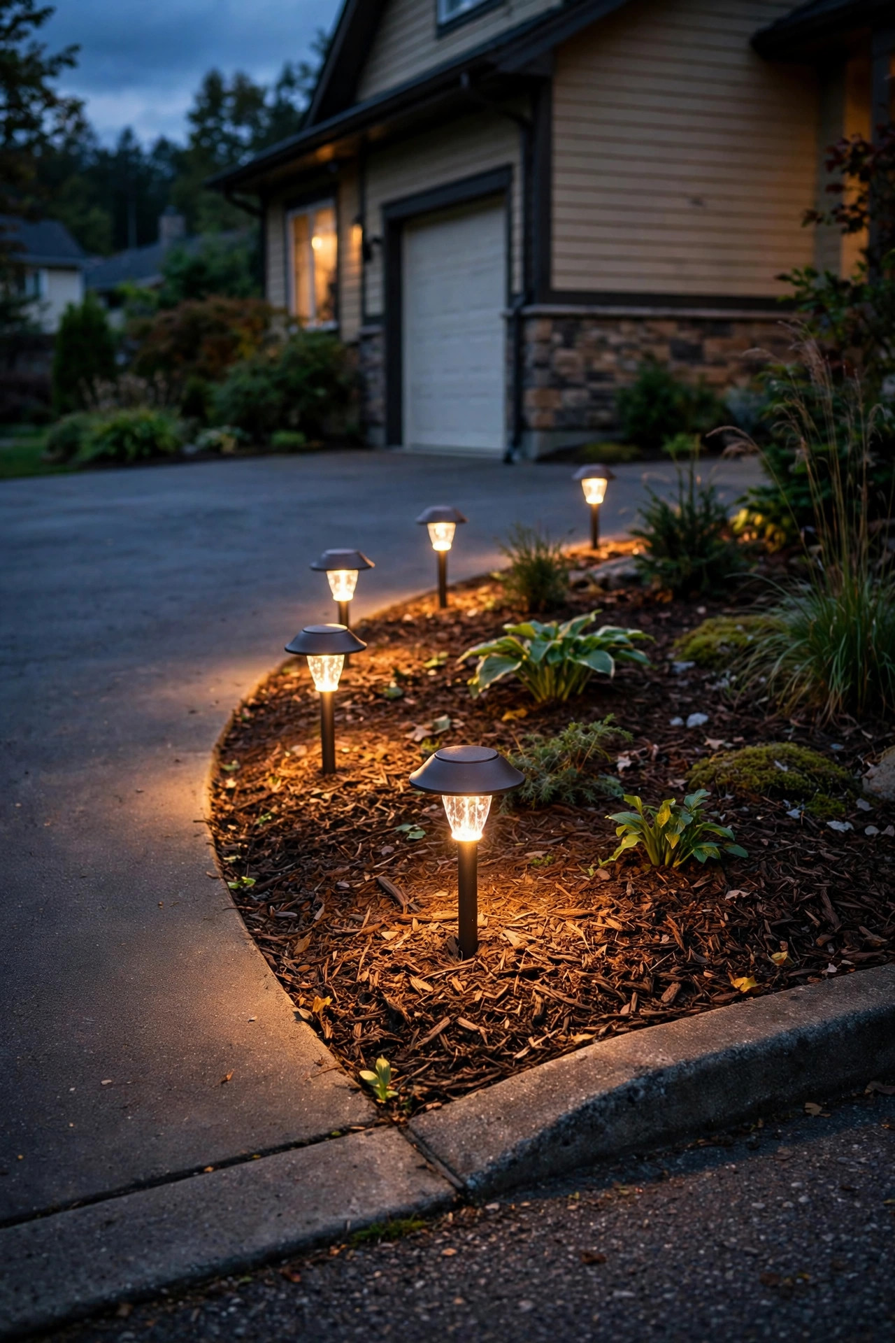Low-voltage mushroom path lights in a mulched bed lining the edge of a driveway apron at dusk