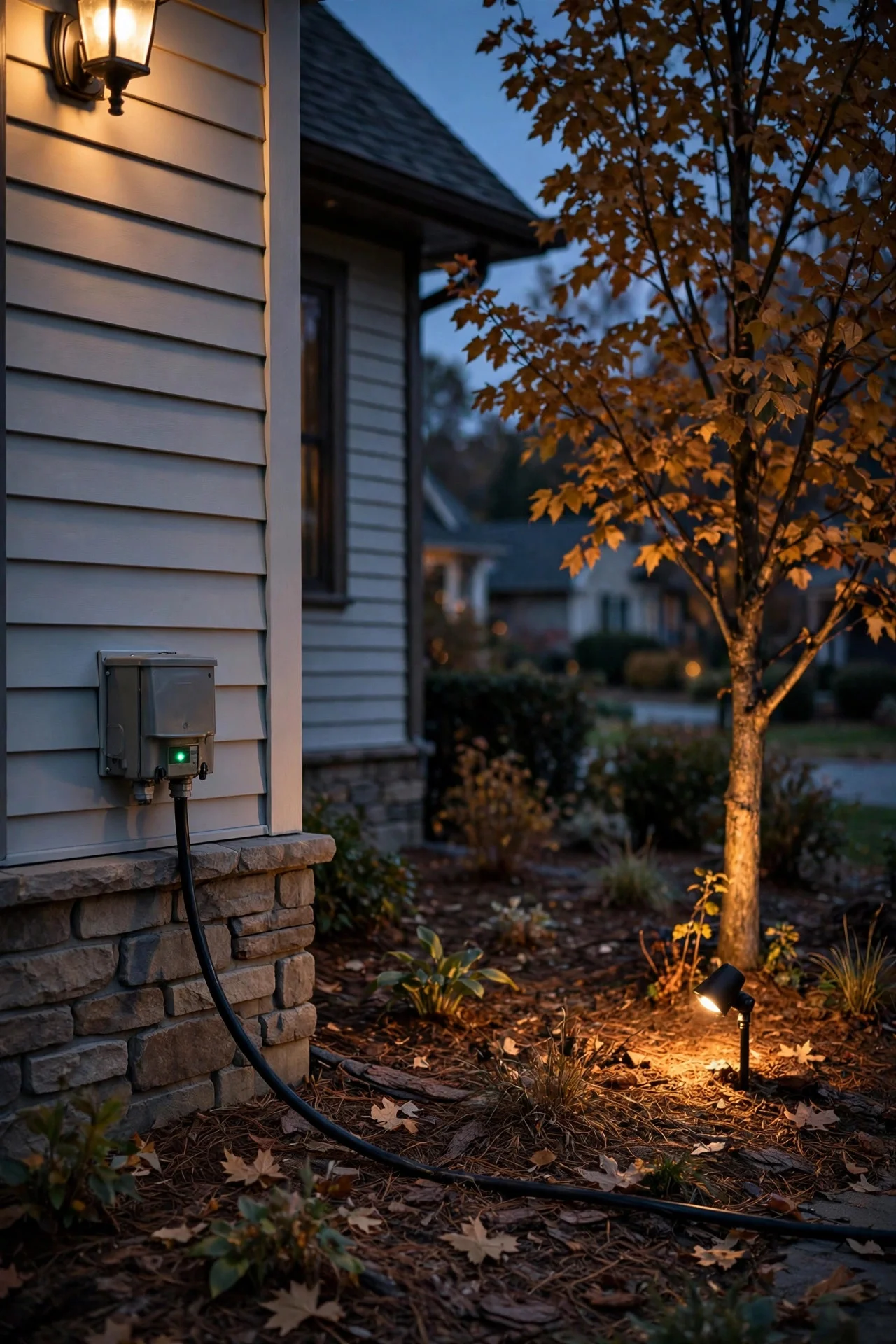 Low-voltage landscape transformer mounted beside a house at dusk with cable running toward a spotlight staked near a tree