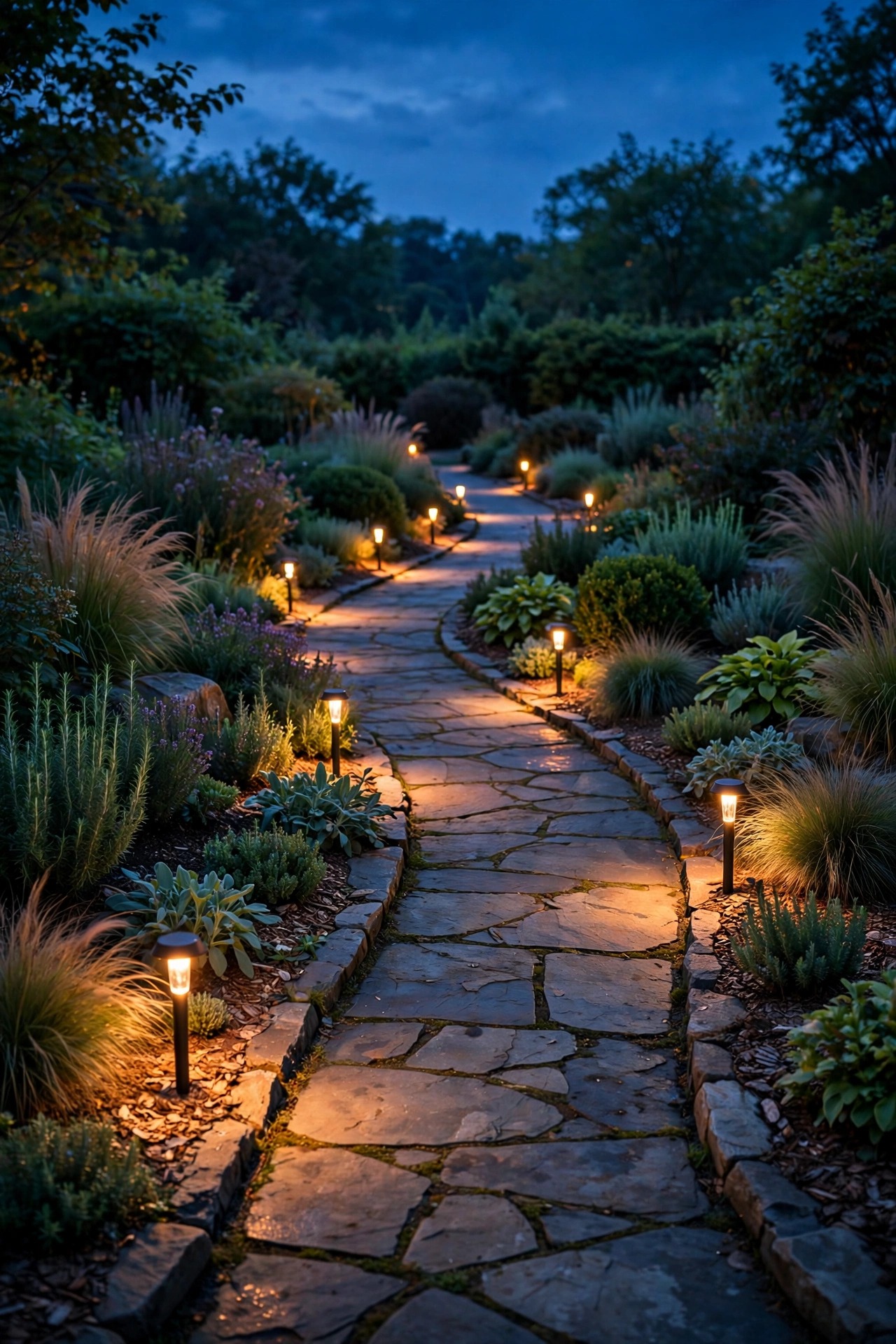 Low-voltage LED path lights casting warm even pools of light along a garden path