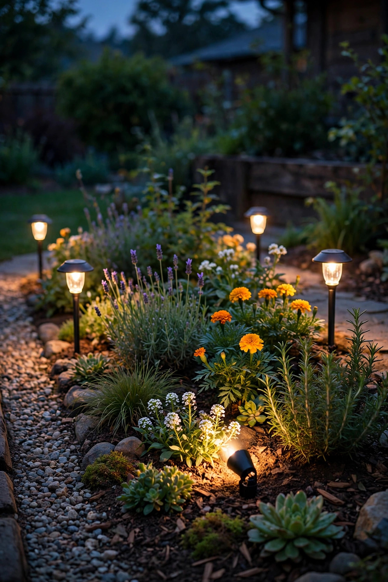 Low-voltage path lights and a small spotlight glowing through a flower bed at dusk, easy DIY accent lighting