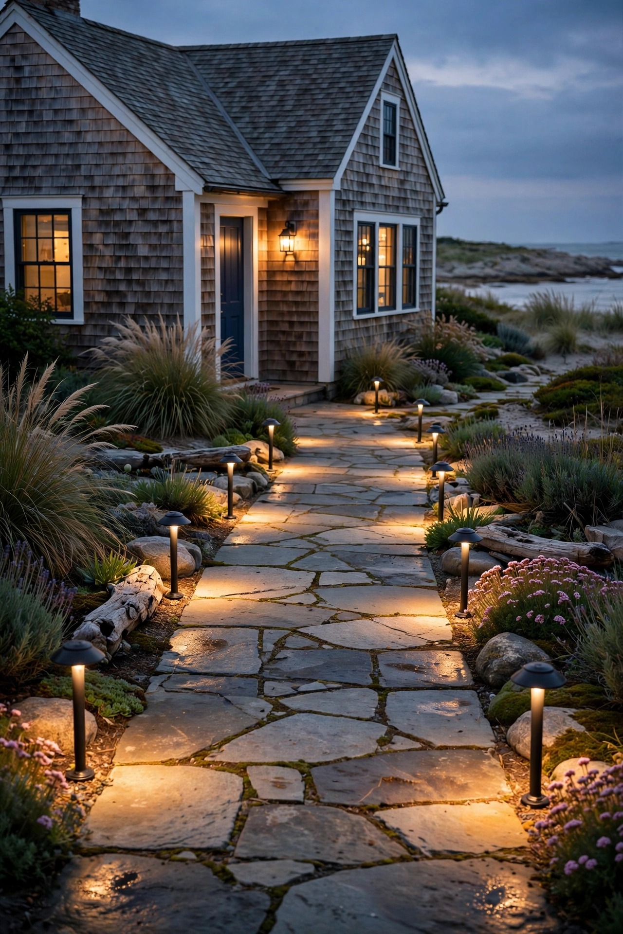 Low-voltage LED path lights alternating along a stone front walkway at a coastal cottage at dusk, warm light pooling on each stone