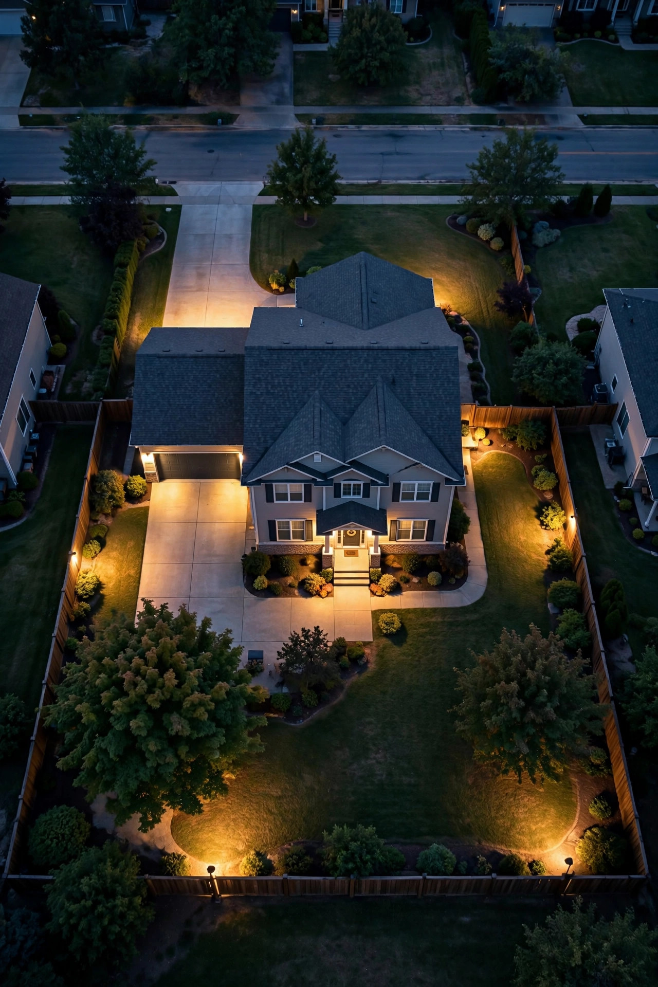 Diagram-style view of a home exterior showing flood light brightness zones with lumen ranges labeled per area