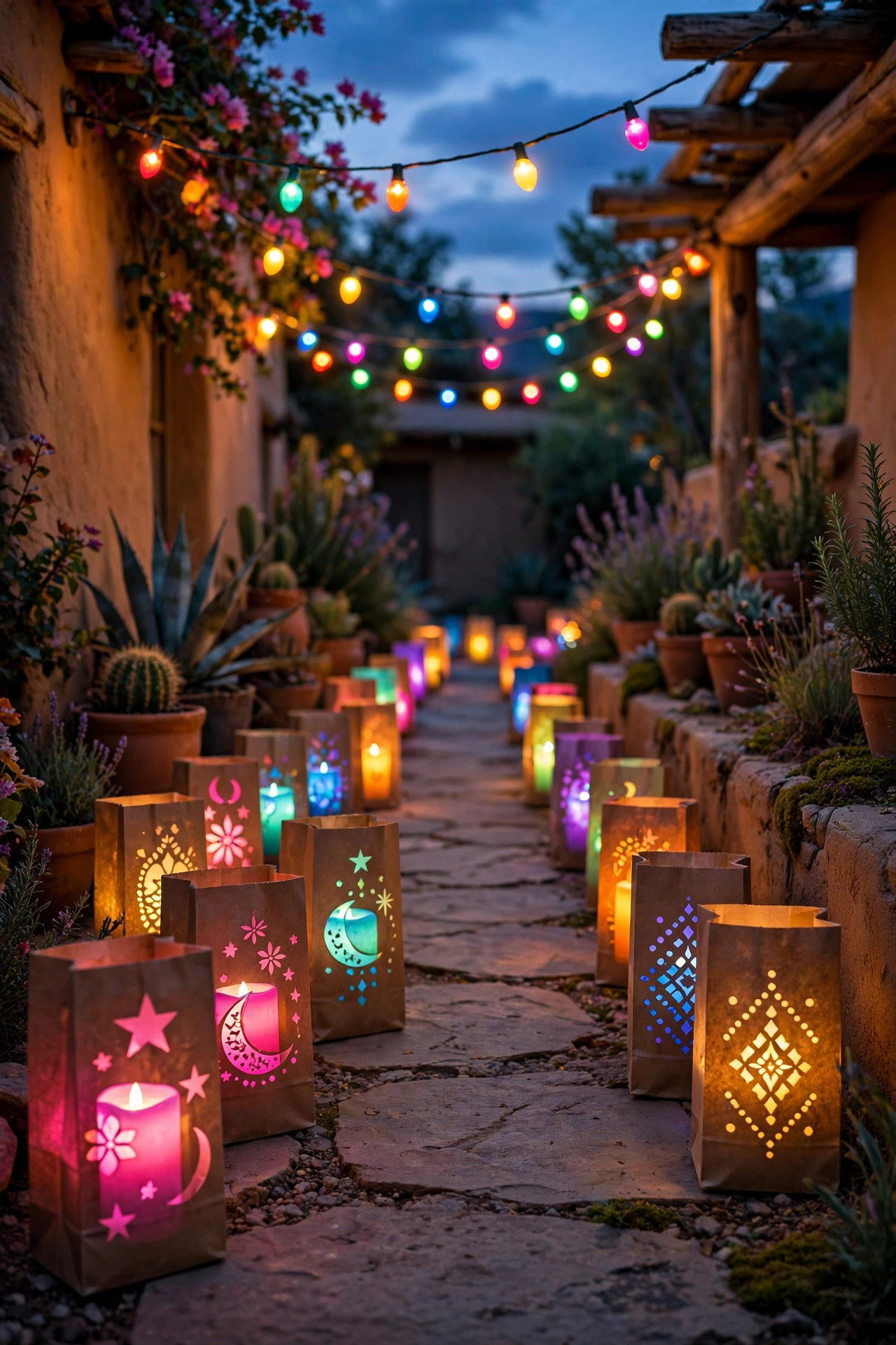 Paper bag luminarias with flameless candles glowing in fiesta colors along a walkway at dusk