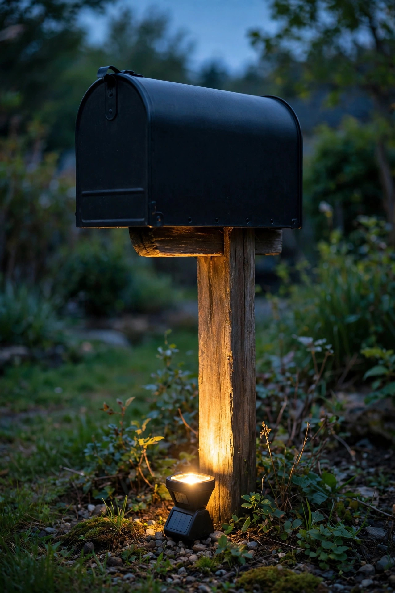 Solar spotlight at the base of a mailbox post casting warm light up onto the box and address numbers