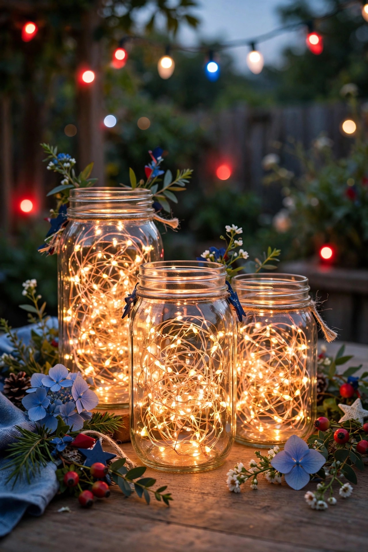 Mason jars filled with warm copper-wire fairy lights used as Fourth of July table centerpieces