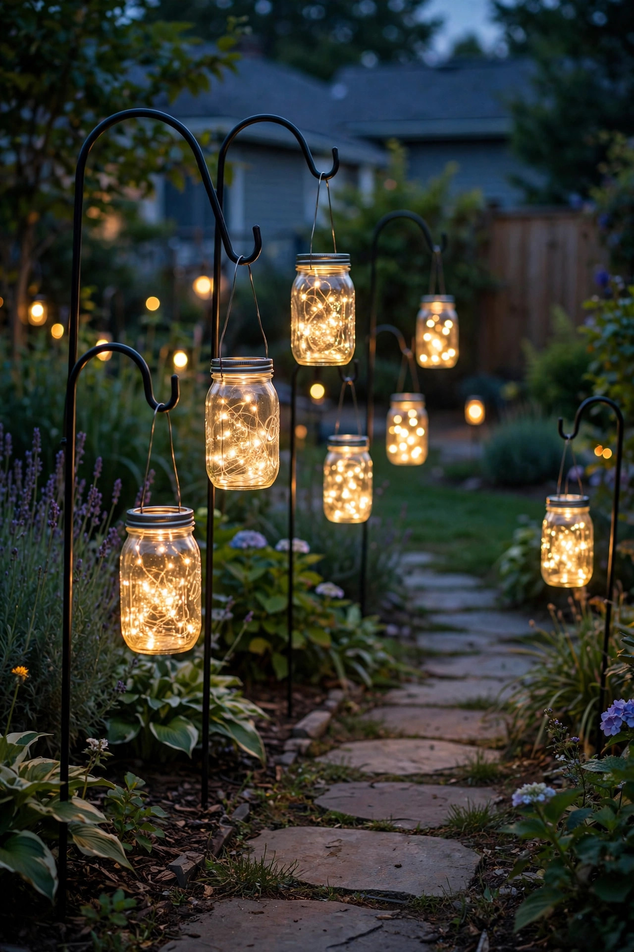 Mason jars with solar string lights hanging from shepherd's hooks along a garden path at dusk