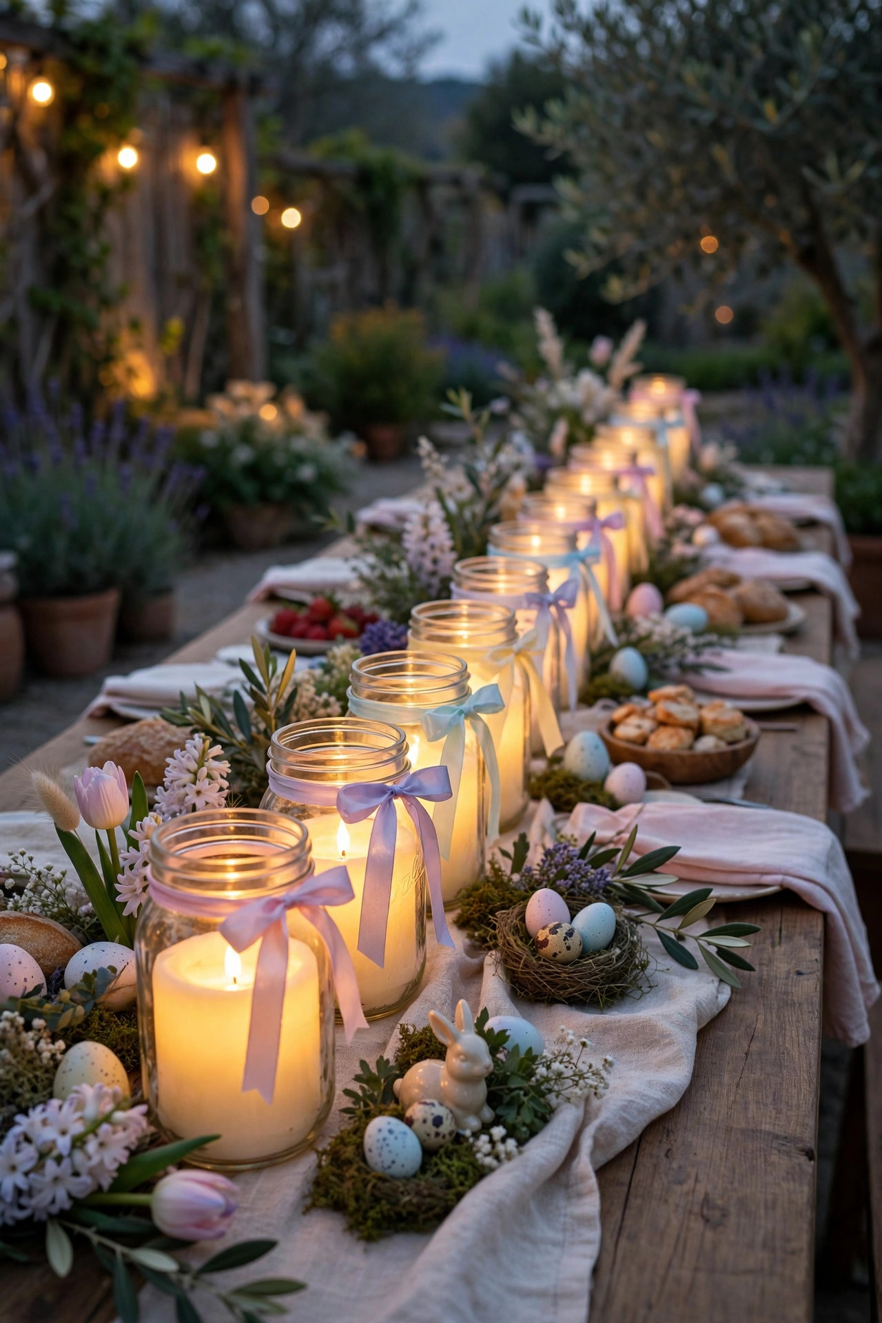 Mason jar luminaries with warm glowing lights lining a garden path at twilight