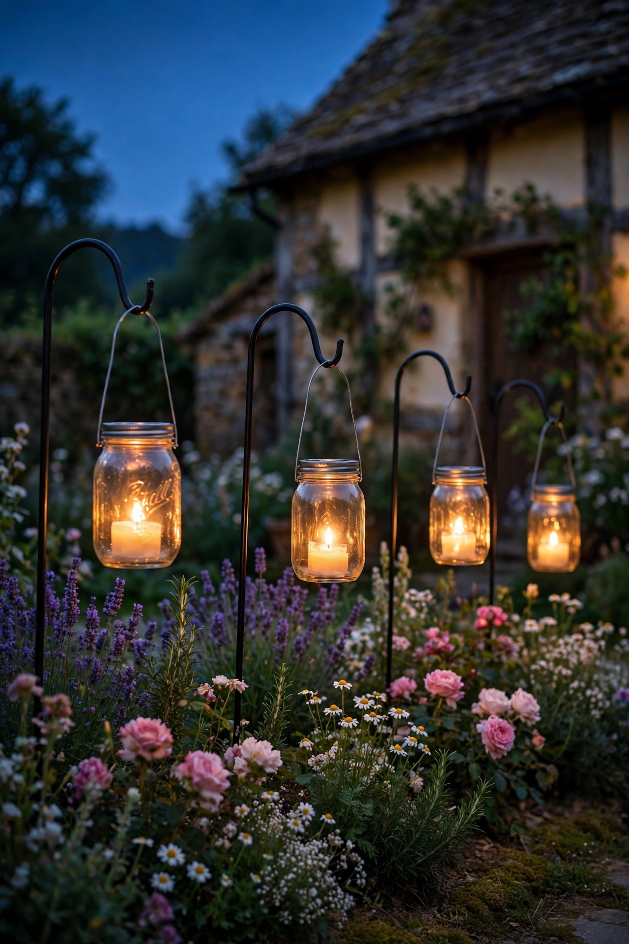 Mason jar lanterns with warm glowing lids hanging from shepherd's hooks along a cottage flower bed at dusk
