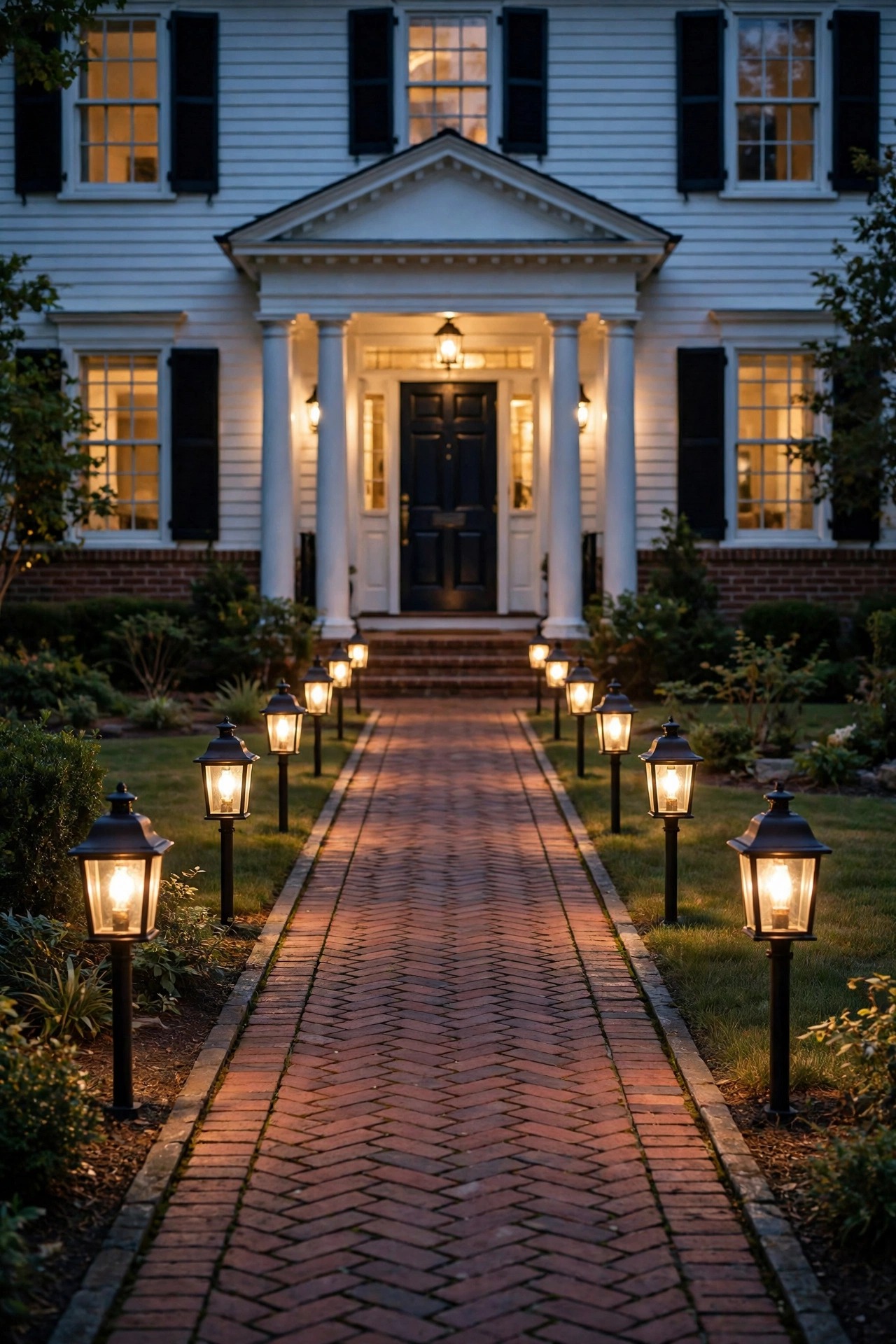 Two matched rows of lantern style path lights lining a straight brick walkway to a colonial entryway