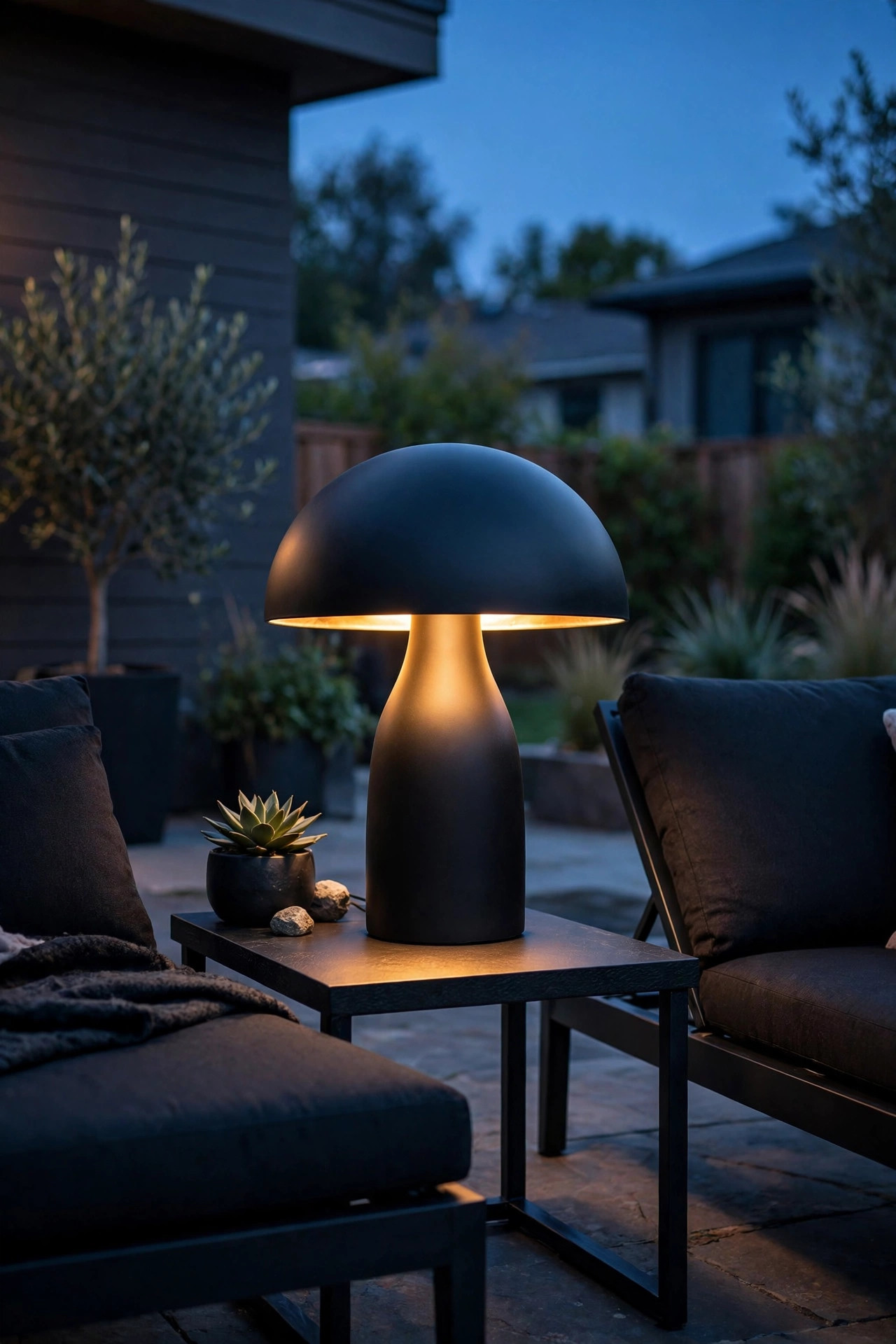 Matte black mushroom outdoor table lamp glowing on a patio side table