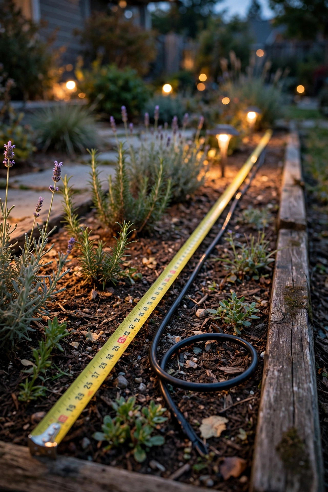 Measuring tape stretched along a garden bed to measure a landscape lighting cable run before choosing wire gauge