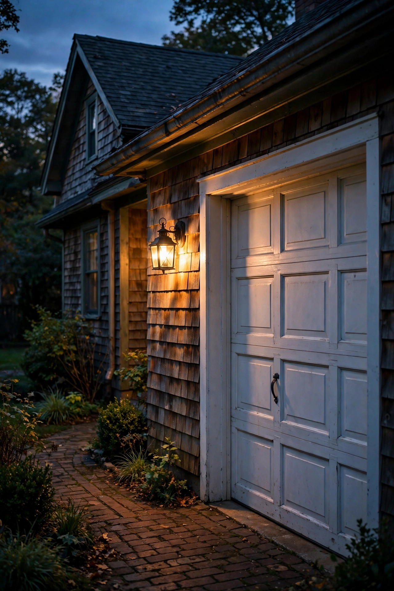 Narrow garage bay with a small carriage lantern glowing beside the door at twilight