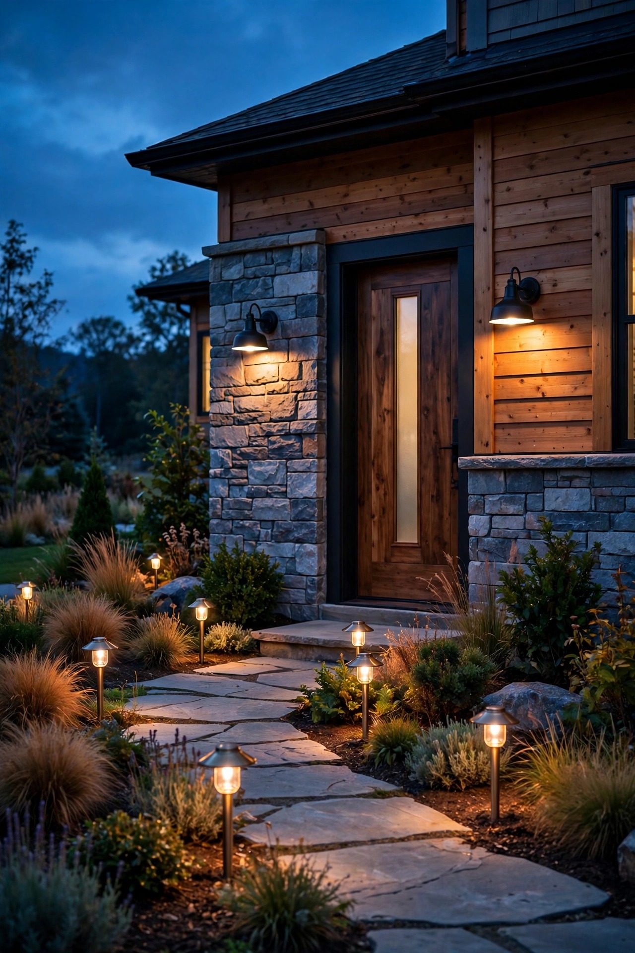 Matte black door sconces paired with warm brass path lights in one front yard, a transitional mix of finishes at dusk