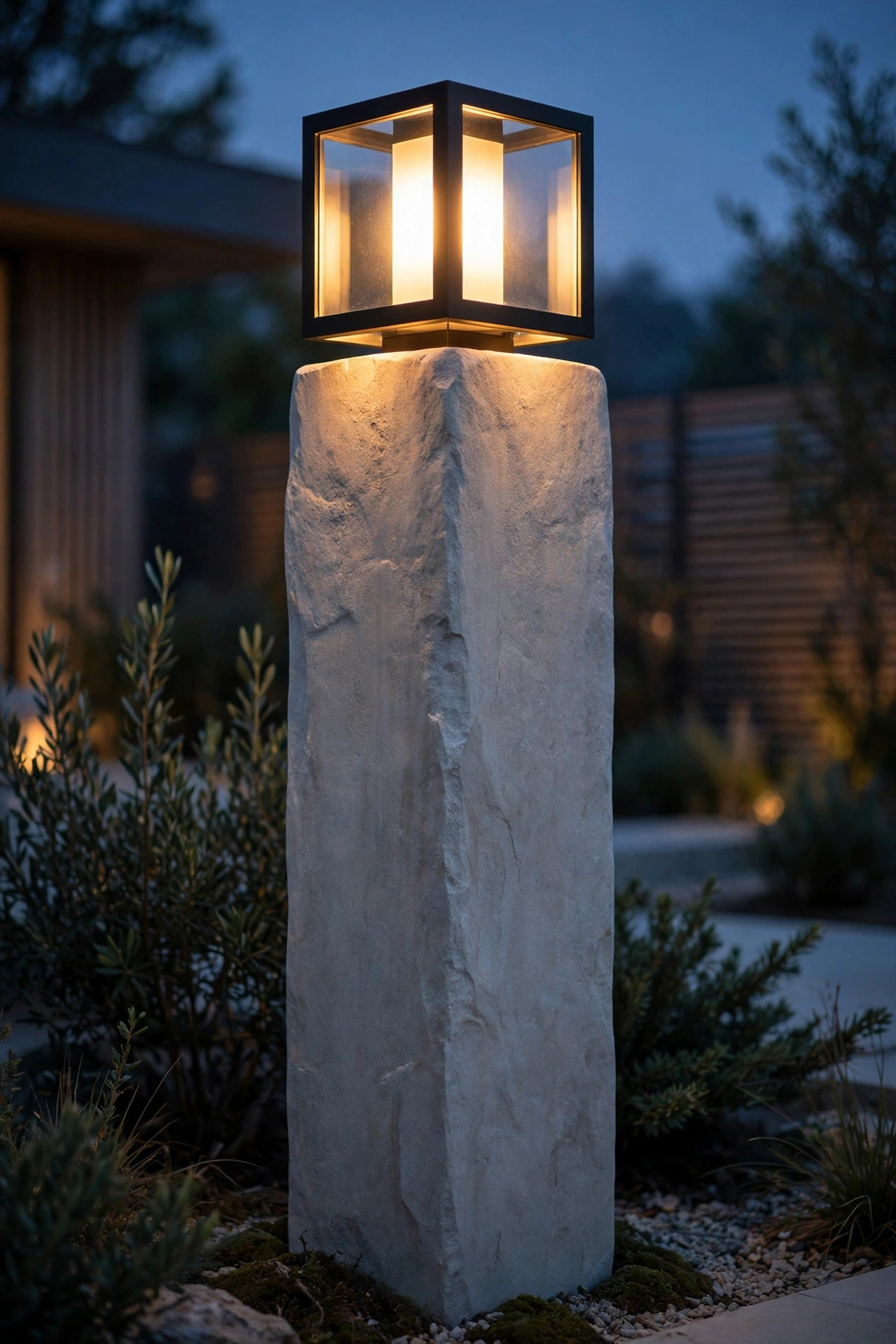 Modern cube pier mount light on a smooth stone column at dusk