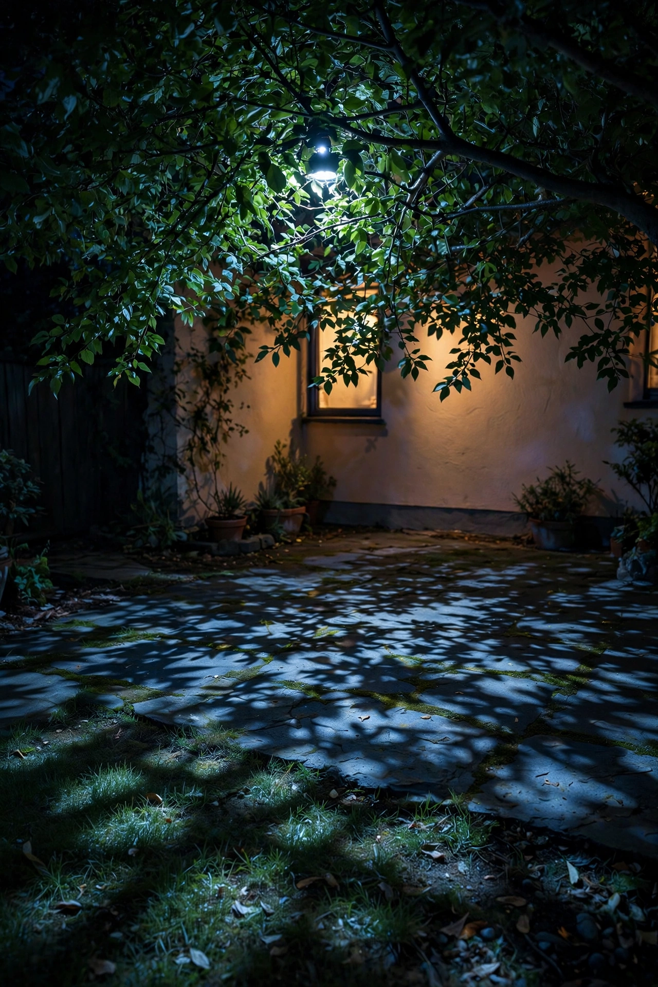 Dappled cool-white moonlight effect shining down through a small tree onto a tiny yard at night