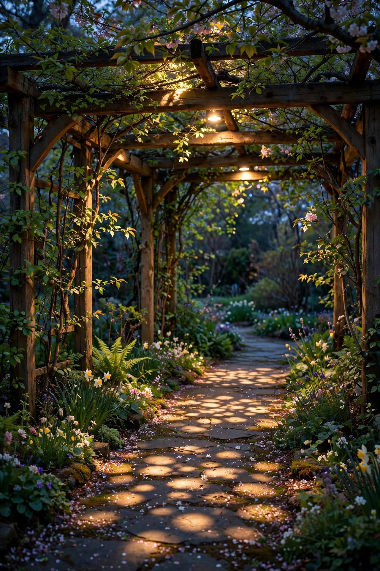 Soft downlight from an arbor beam casting dappled moonlight-style pools on a spring garden path