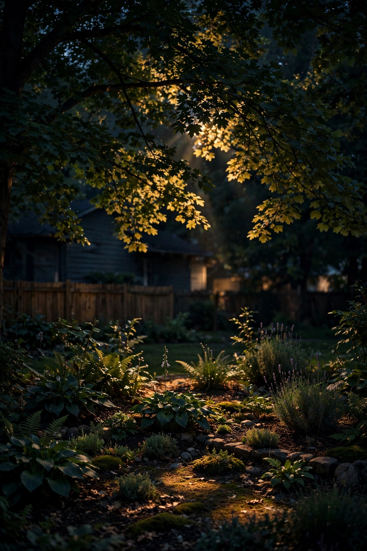 Dappled moonlight-style light filtering through tree leaves onto a garden patio at night