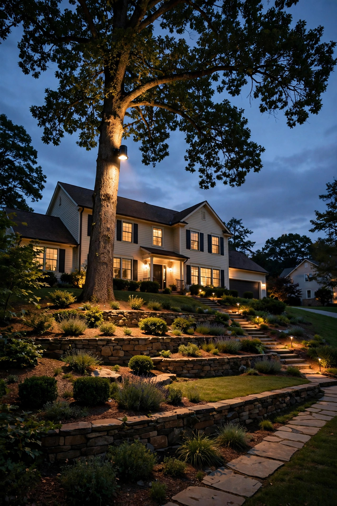Moonlight-style downlight from a tall tree washing soft light across a terraced sloped front yard