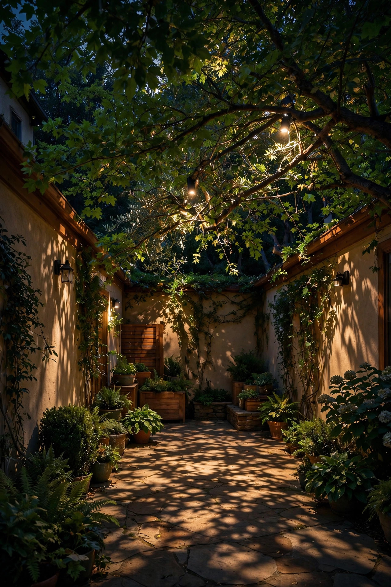 Moonlighting effect with light filtering through courtyard tree leaves at night