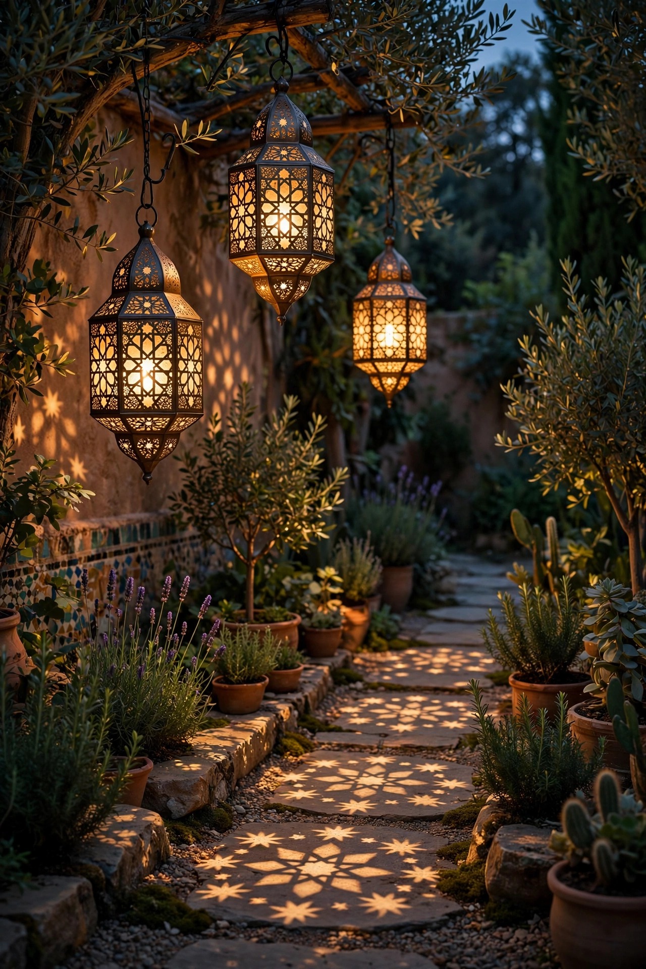 Moroccan-style pierced metal lanterns casting star patterns of light across a garden path