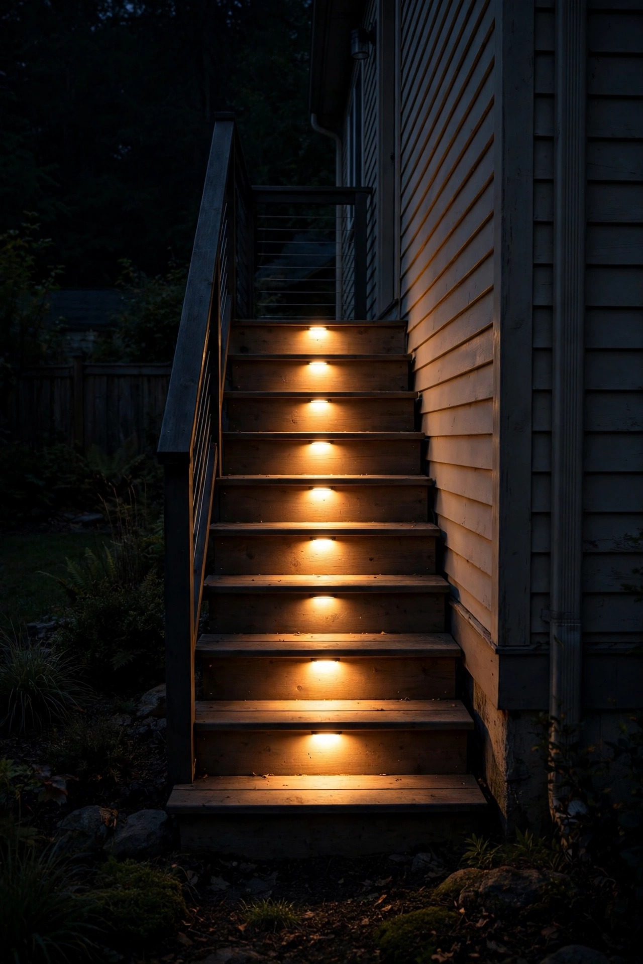 Motion-activated step lights brightening as they detect approach on a side deck staircase at night