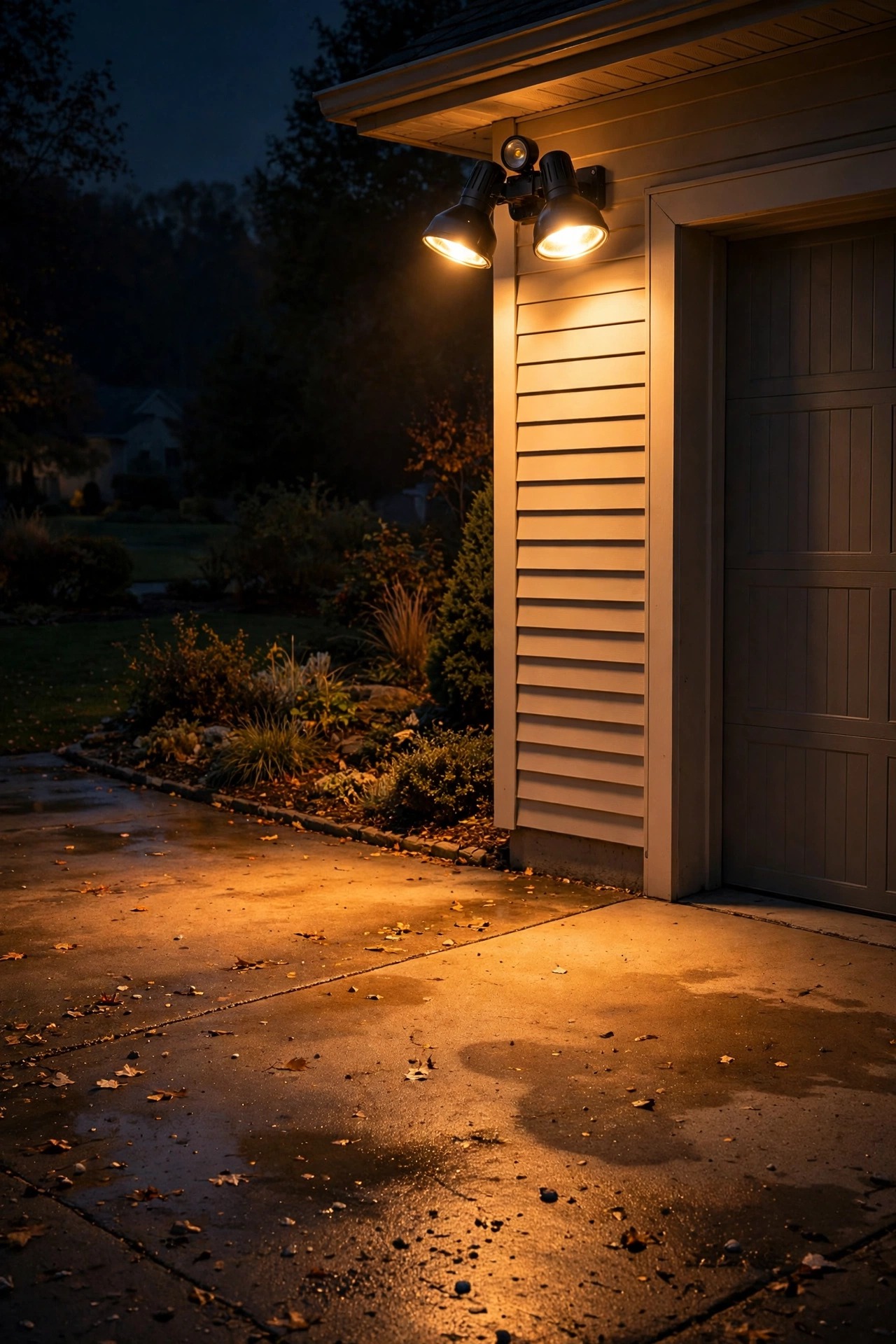 Photorealistic night view of a dual-head photocell motion flood light glowing over a suburban driveway and garage corner, warm pools of light on the pavement
