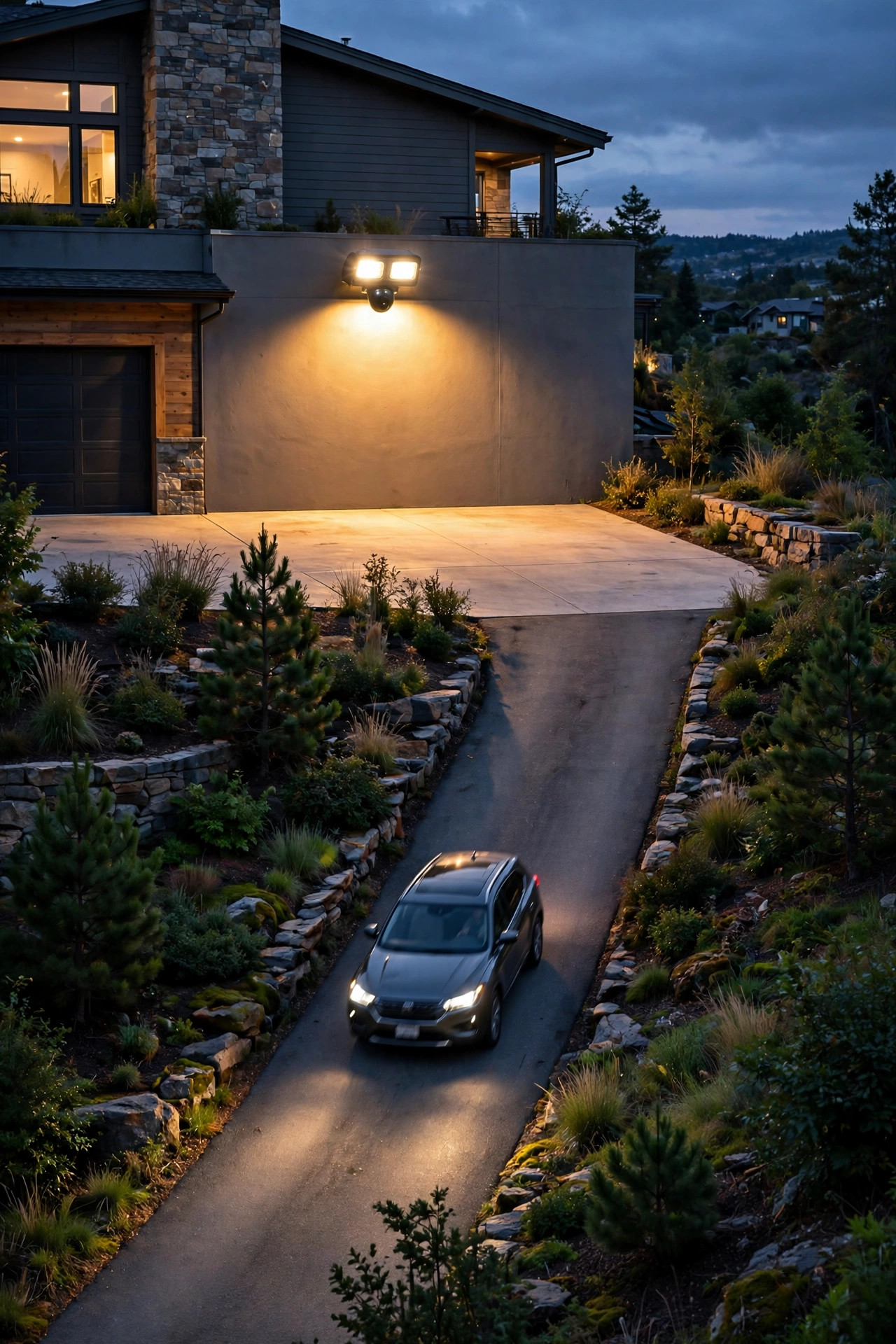 Motion sensor floodlight glowing over the parking apron at the top of a steep driveway as a car arrives at dusk