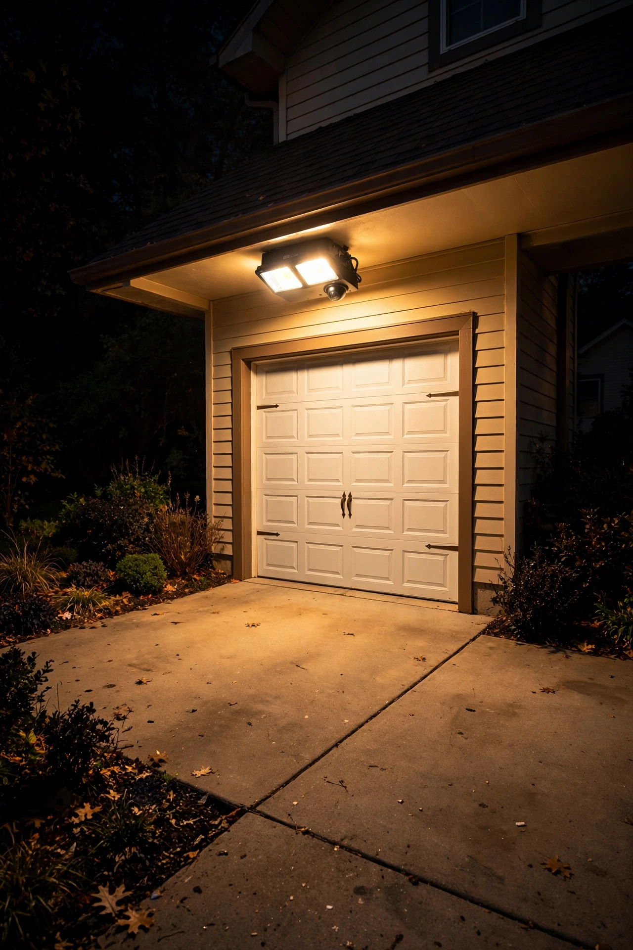 Motion-sensor floodlight washing a garage parking pad with bright warm light at night