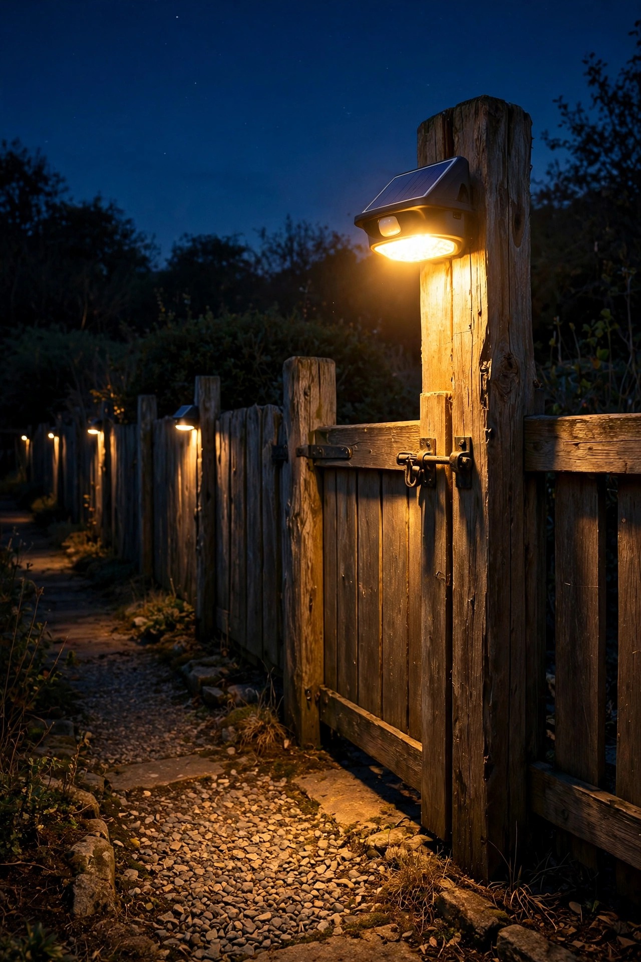 Photorealistic night view of a motion-sensor solar light mounted on a wooden gate post glowing brightly over the gate latch and path, the rest of the fence line lit by a soft dim glow