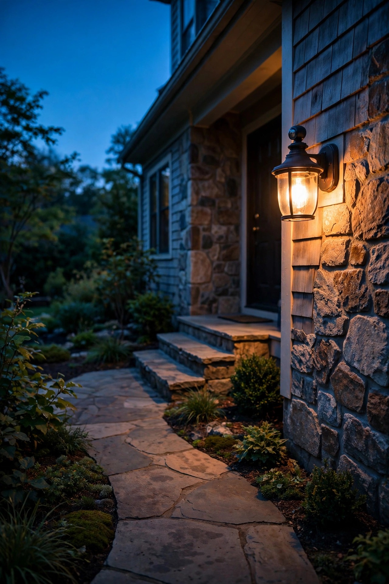Porch sconce with motion sensor glowing as a walkway approaches the front steps at dusk
