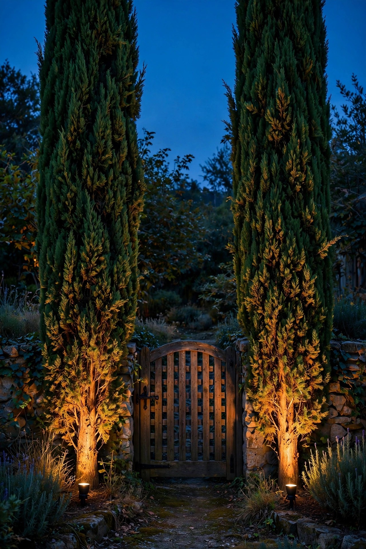 Pair of tall narrow cypress trees flanking a garden gate, each uplit by a steep narrow-beam solar spotlight at dusk