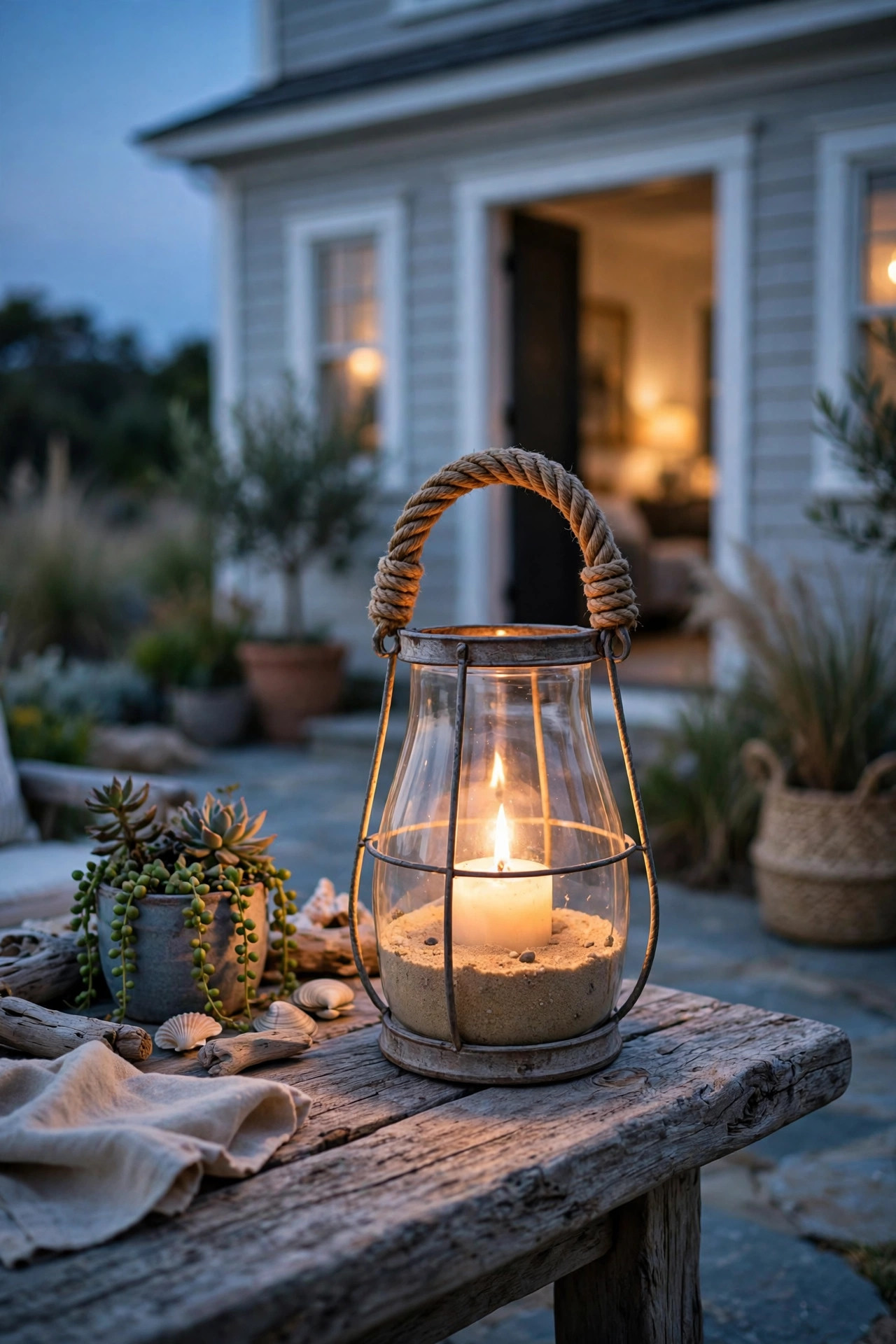 Nautical rope-handled hurricane lantern with sand in the base on a coastal-style outdoor table