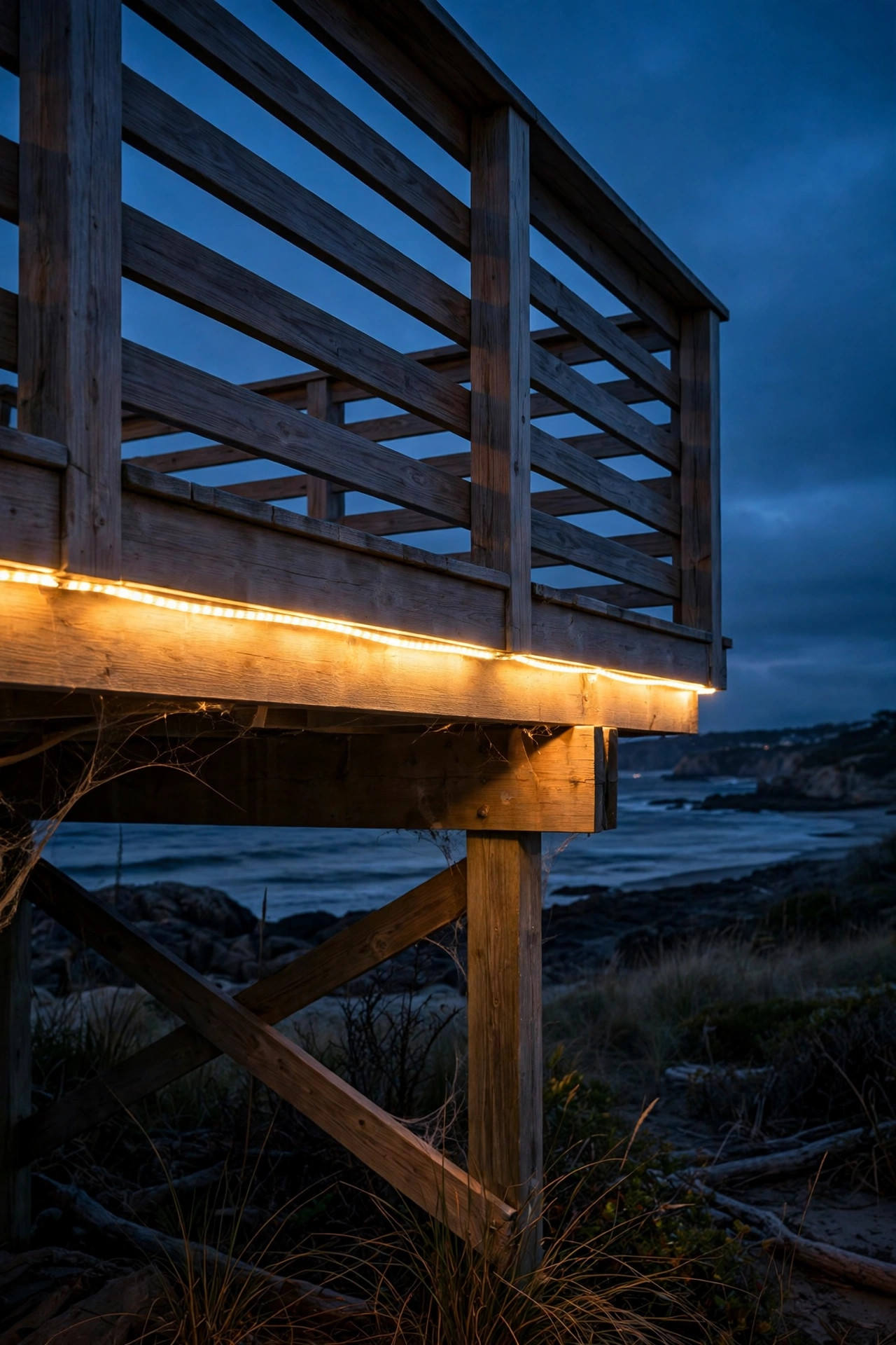 Warm LED rope light glowing under a coastal deck railing at night