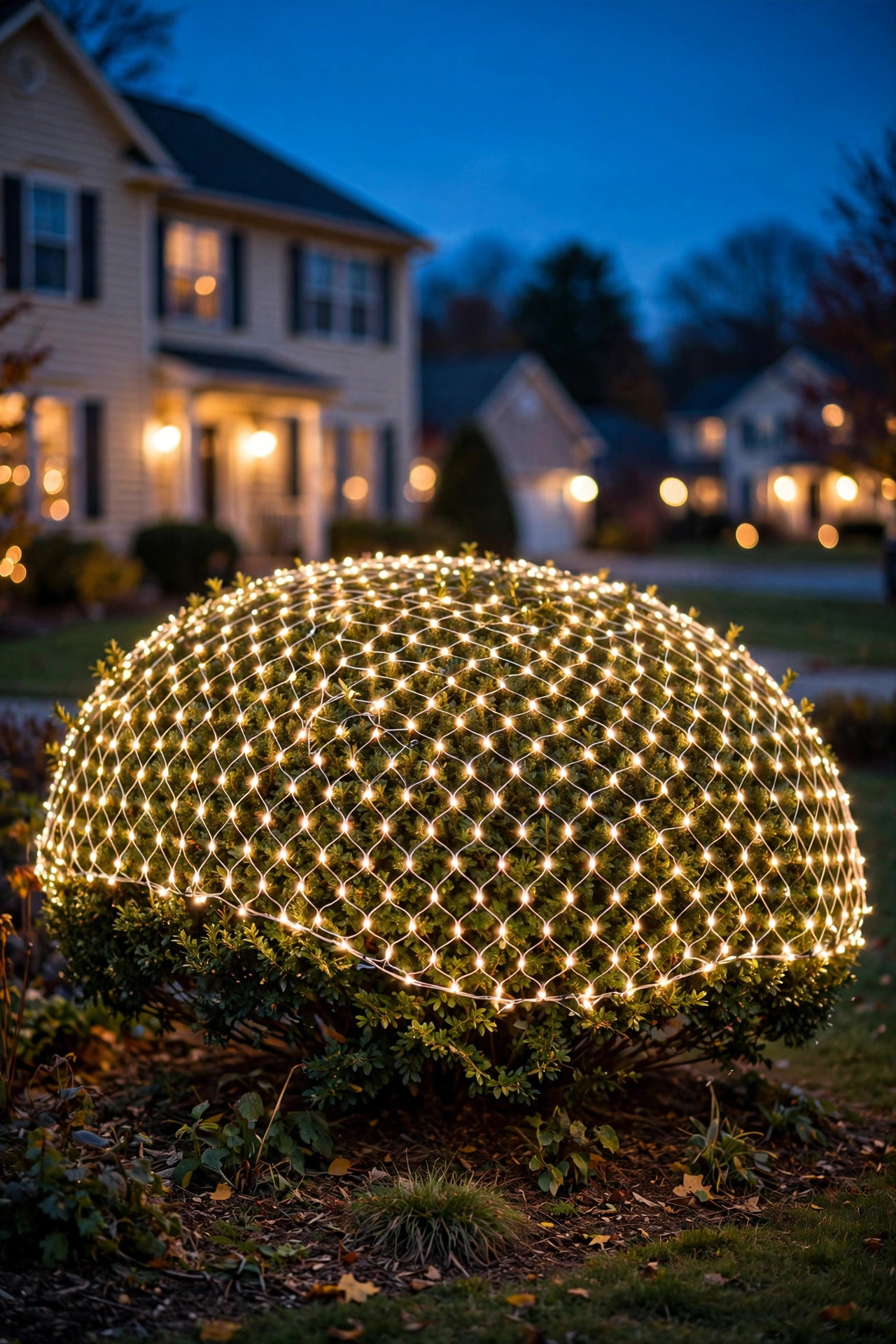 Large evergreen shrub draped in net Christmas lights glowing evenly at dusk