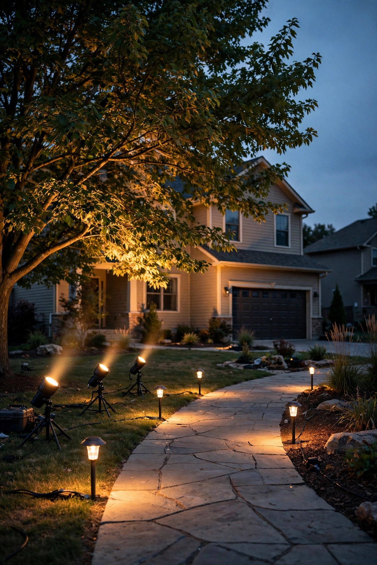 Temporary landscape lighting demo set up in a yard at dusk with adjustable spotlights aimed at a tree and path lights along the walkway