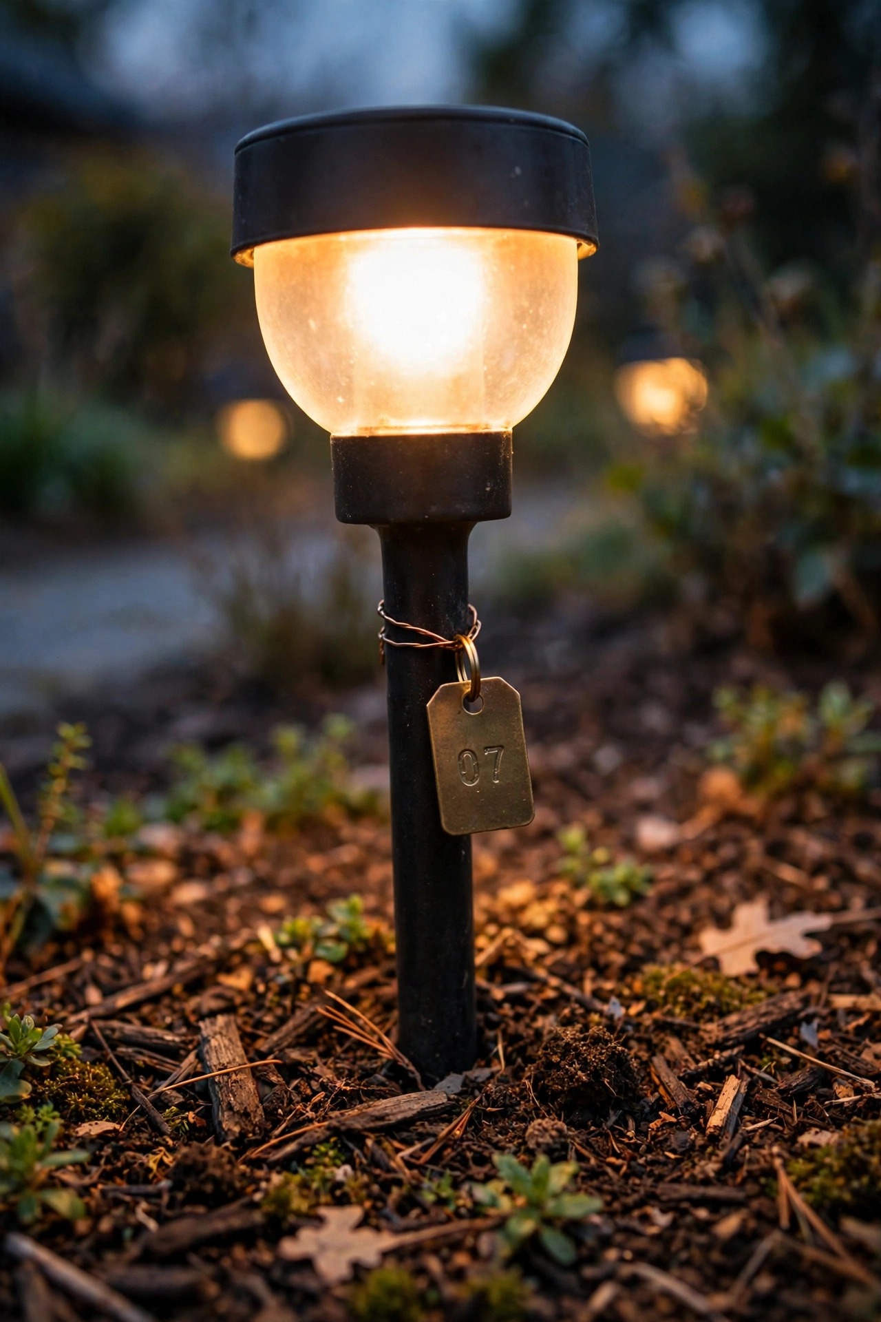 Close-up of a small numbered tag attached to the stem of a warm glowing path light in a mulched bed
