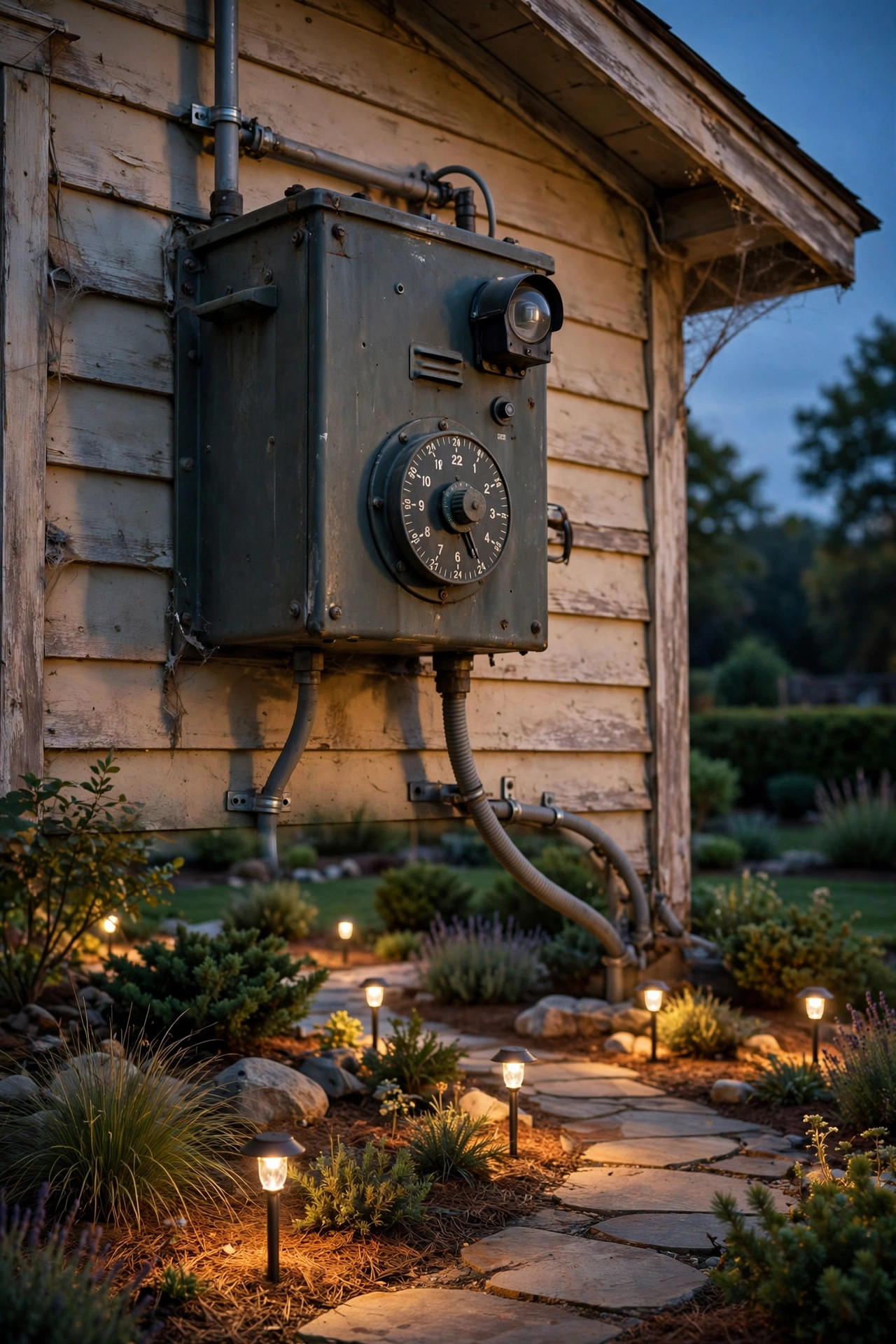 Older magnetic low-voltage transformer on a garage wall with its timer dial and photocell, powering a yard of newly converted LED landscape lights