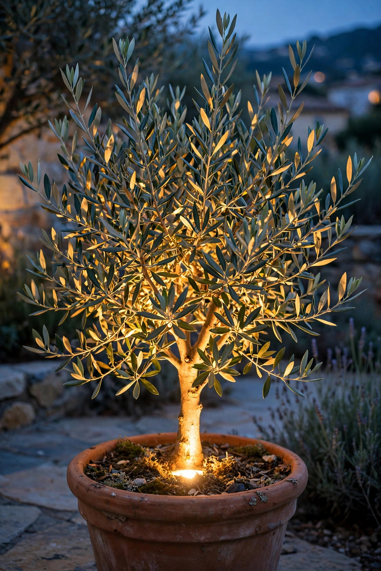 Potted olive tree in a terracotta planter uplighted from its base with warm light glowing through silvery foliage at dusk