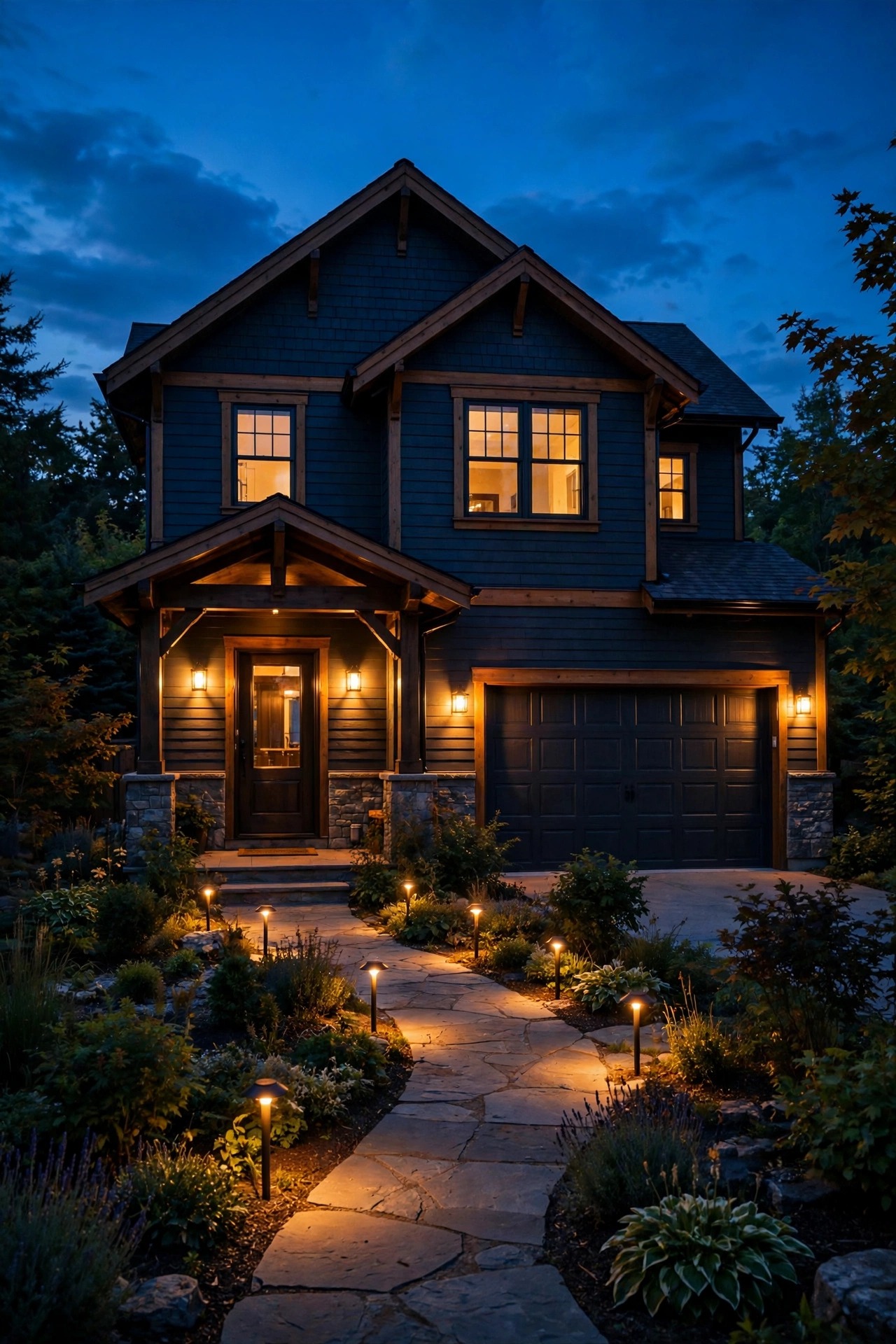 House exterior at dusk with every outdoor smart bulb matched to one warm 2700K color temperature across porch, garage and path