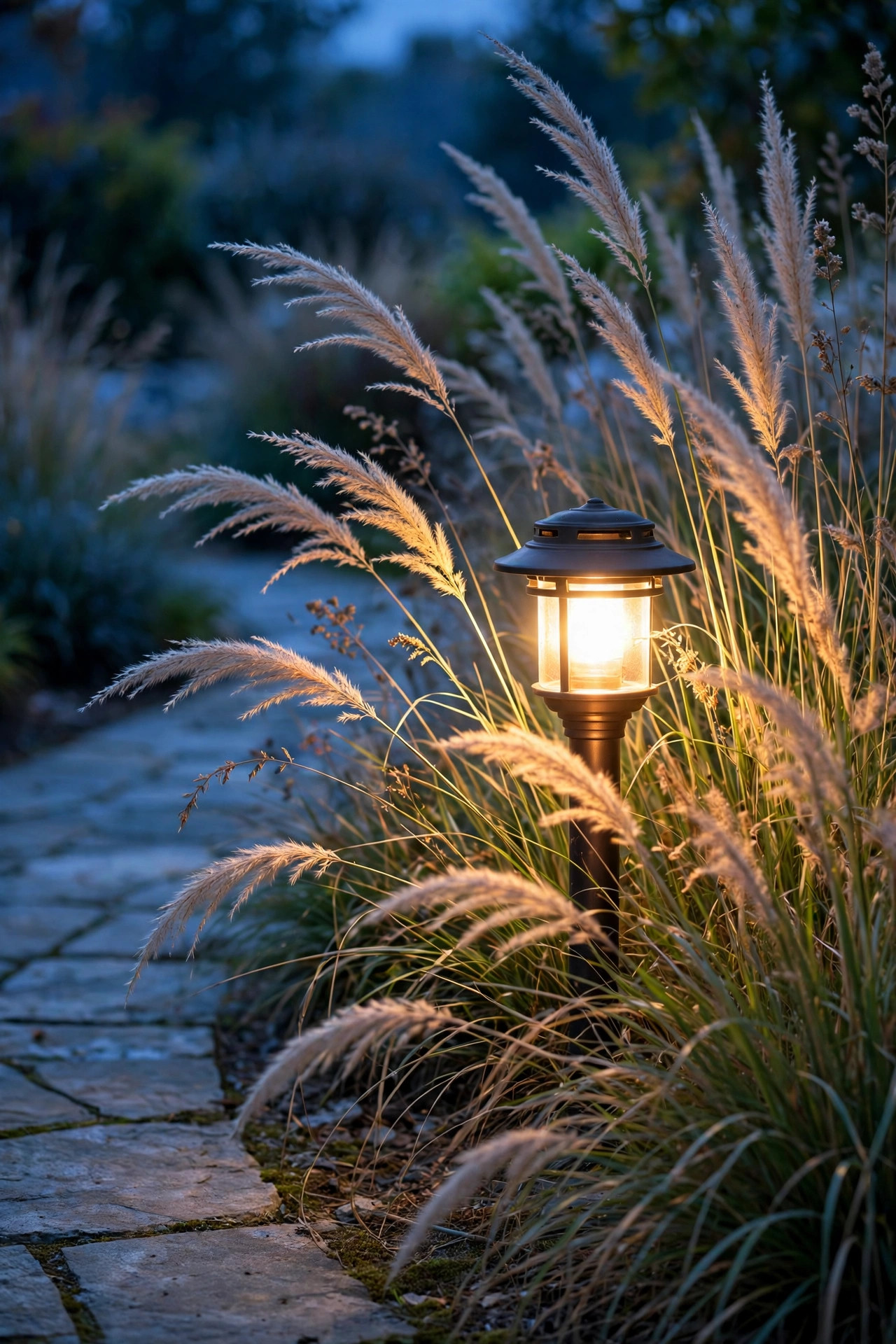 Sixteen-inch path light glowing through ornamental grass plumes beside a walkway in the blue evening light