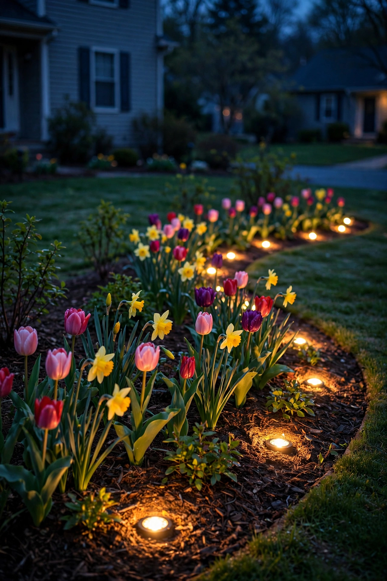 In ground well lights landscape tracing a curved flower bed edge with small warm points of light
