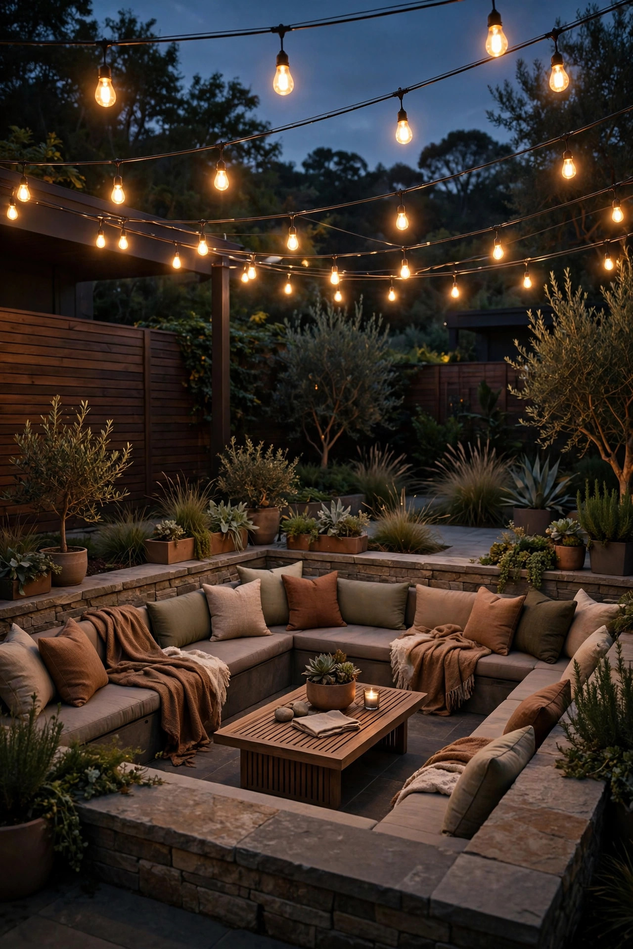 String lights with warm LED bulbs hanging high above a sunken conversation pit at night