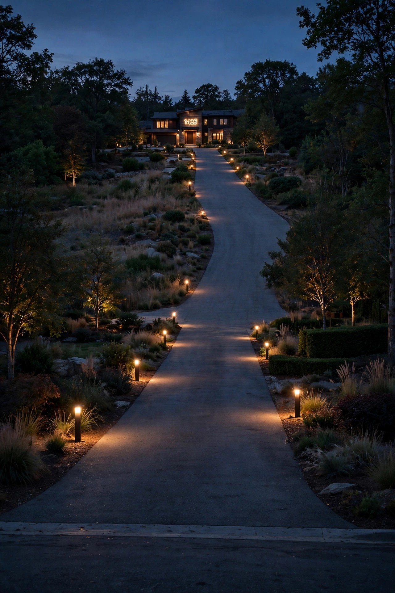 Oversized backlit house numbers on a home set far back from the street, readable at night