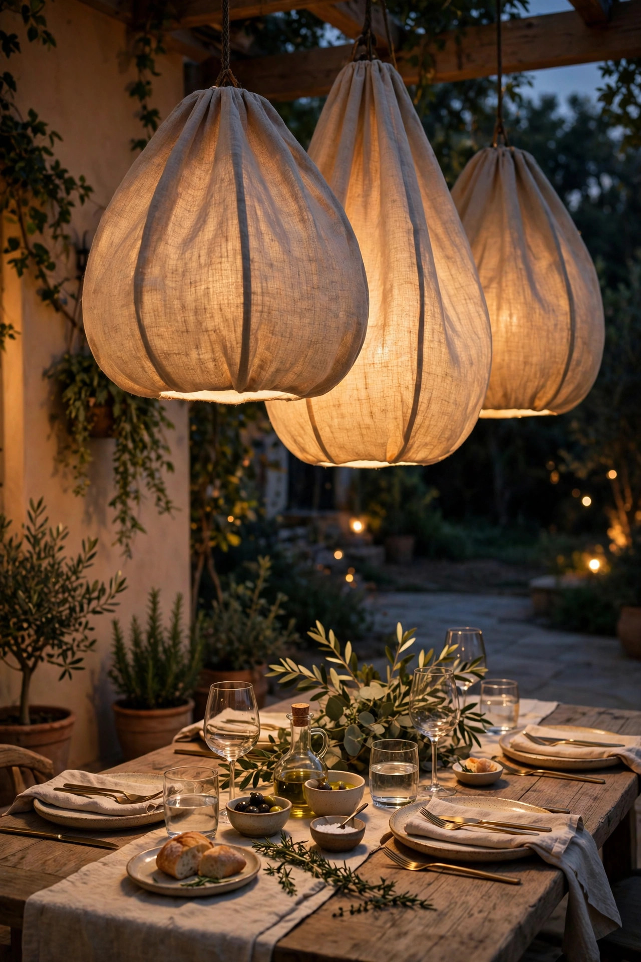 Oversized fabric lanterns hanging low over an outdoor dining table at night