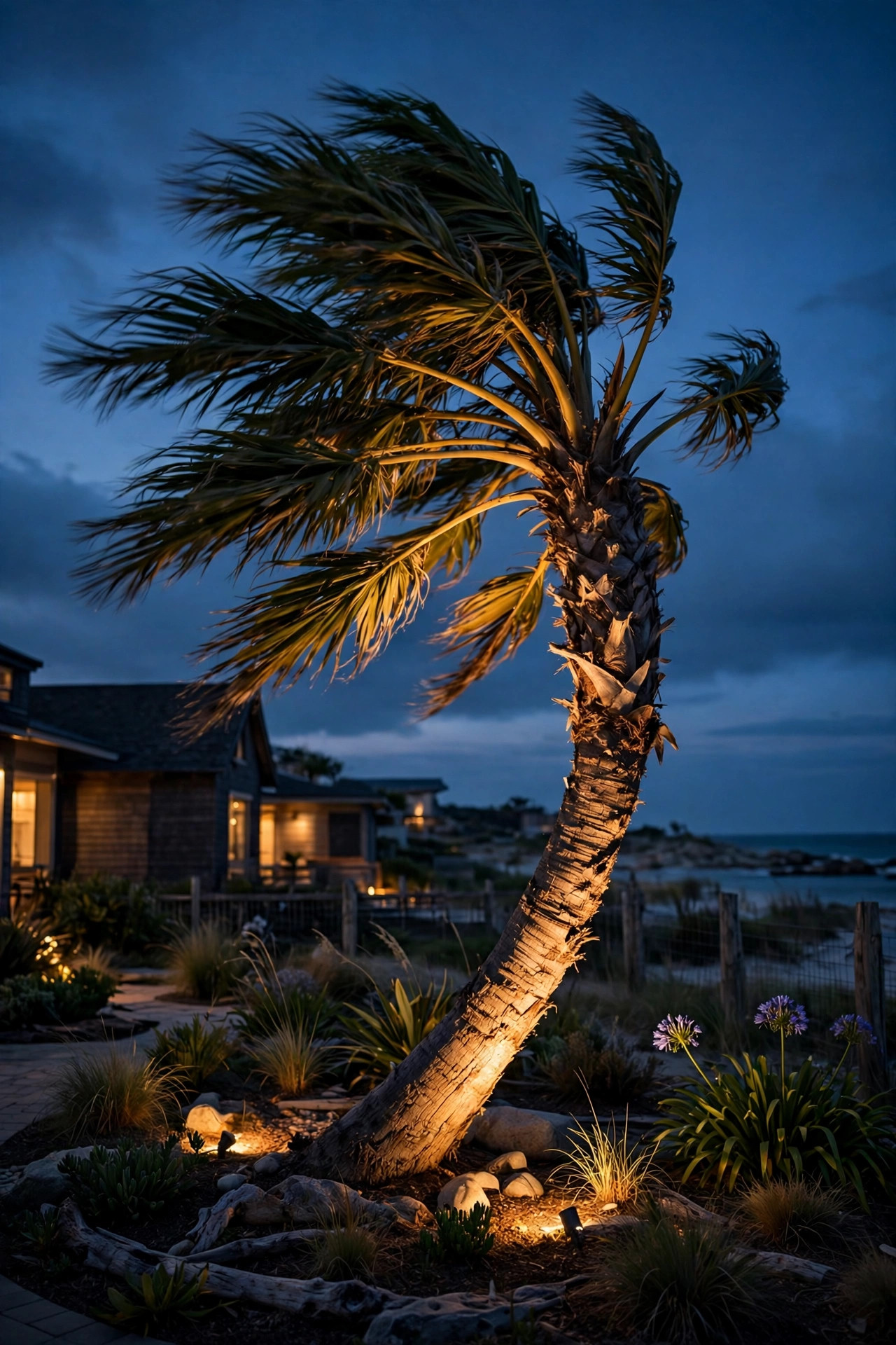 Wind-bent palm tree uplighted from below with warm light in a coastal front yard at night