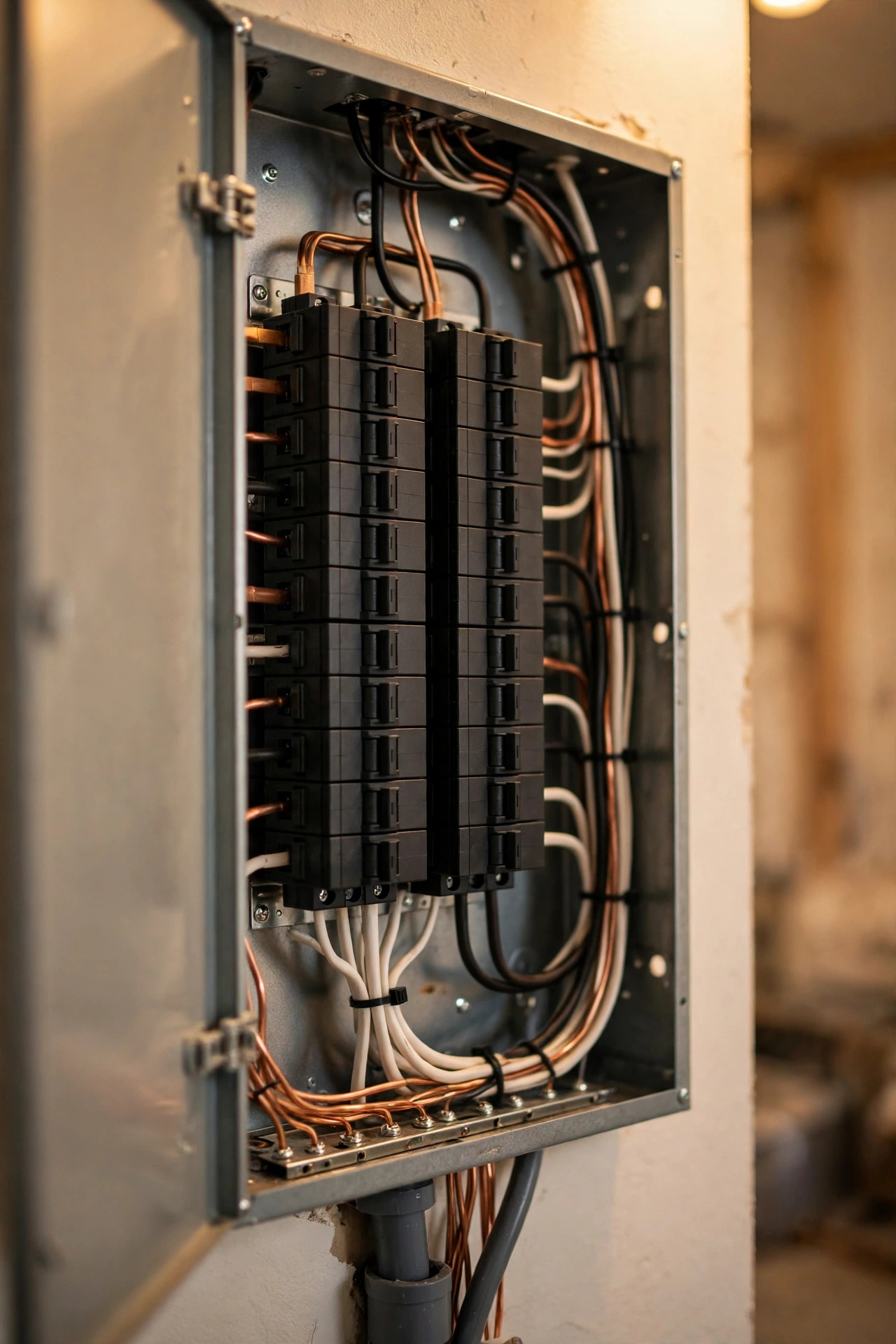 Open home electrical panel with neatly labeled breakers, showing the panel space an electrician checks before running a new circuit for a porch light