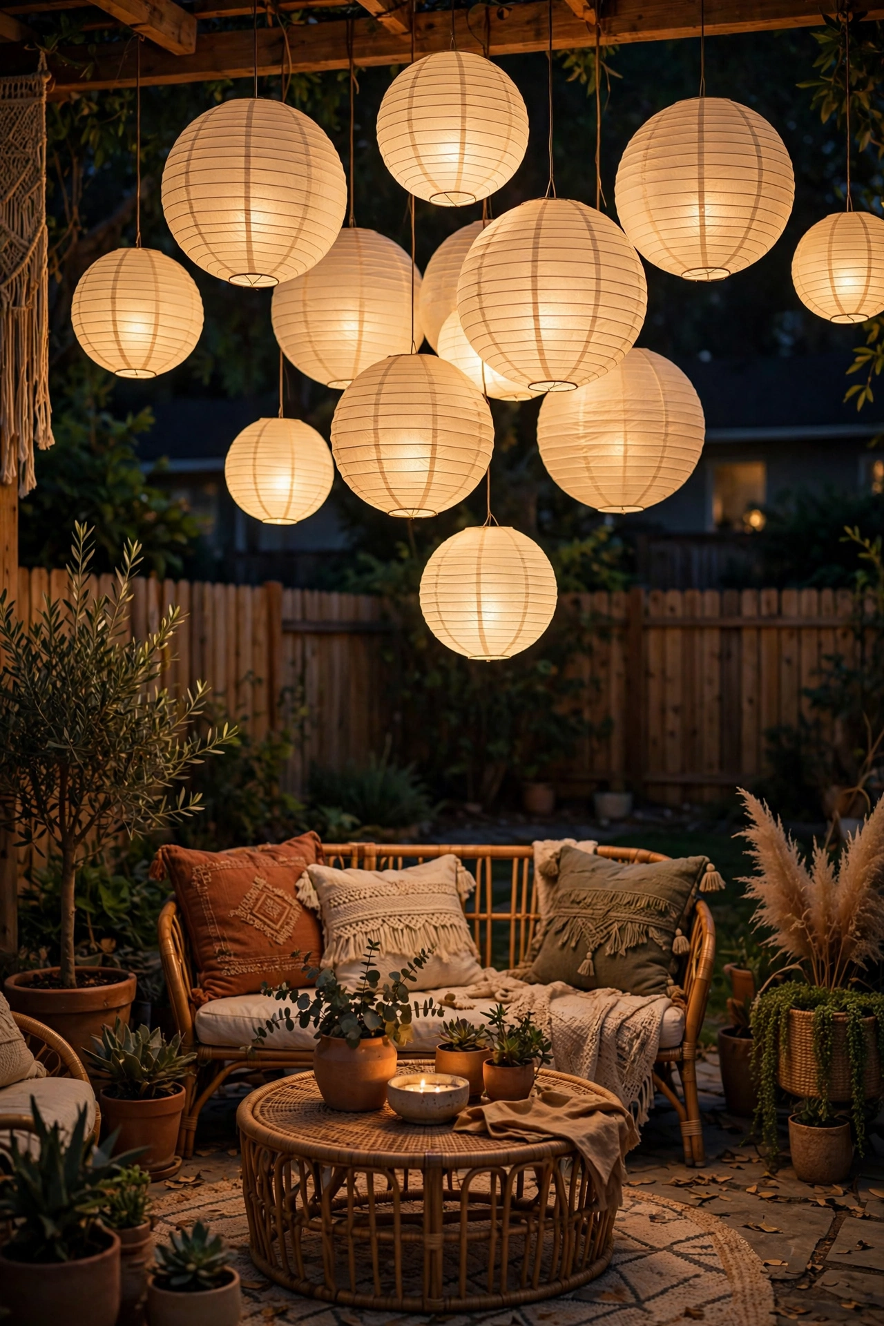 Cluster of round paper lanterns in mixed sizes hanging at varied heights over a patio