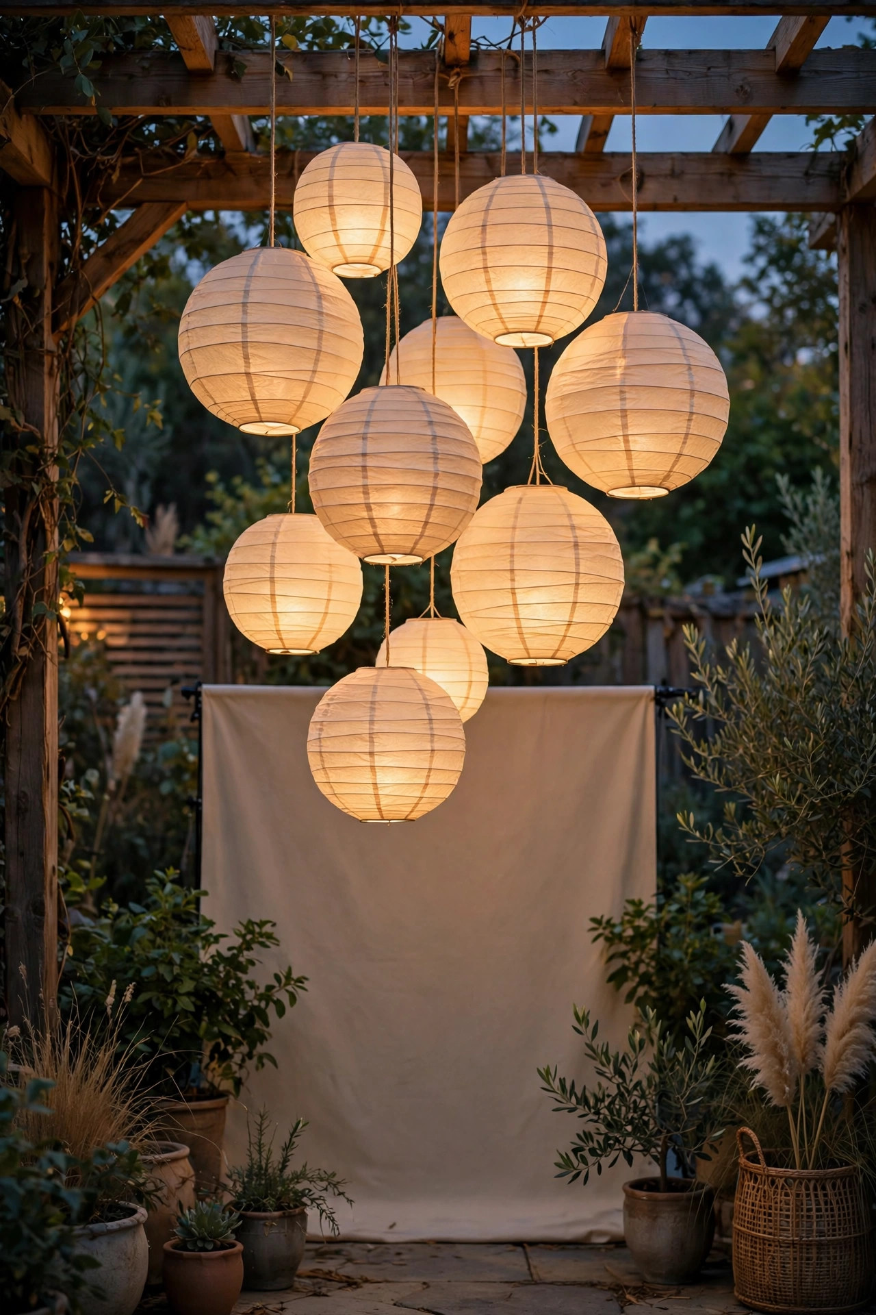 White and ivory paper lanterns with warm LED glow clustered at different heights above a photo backdrop