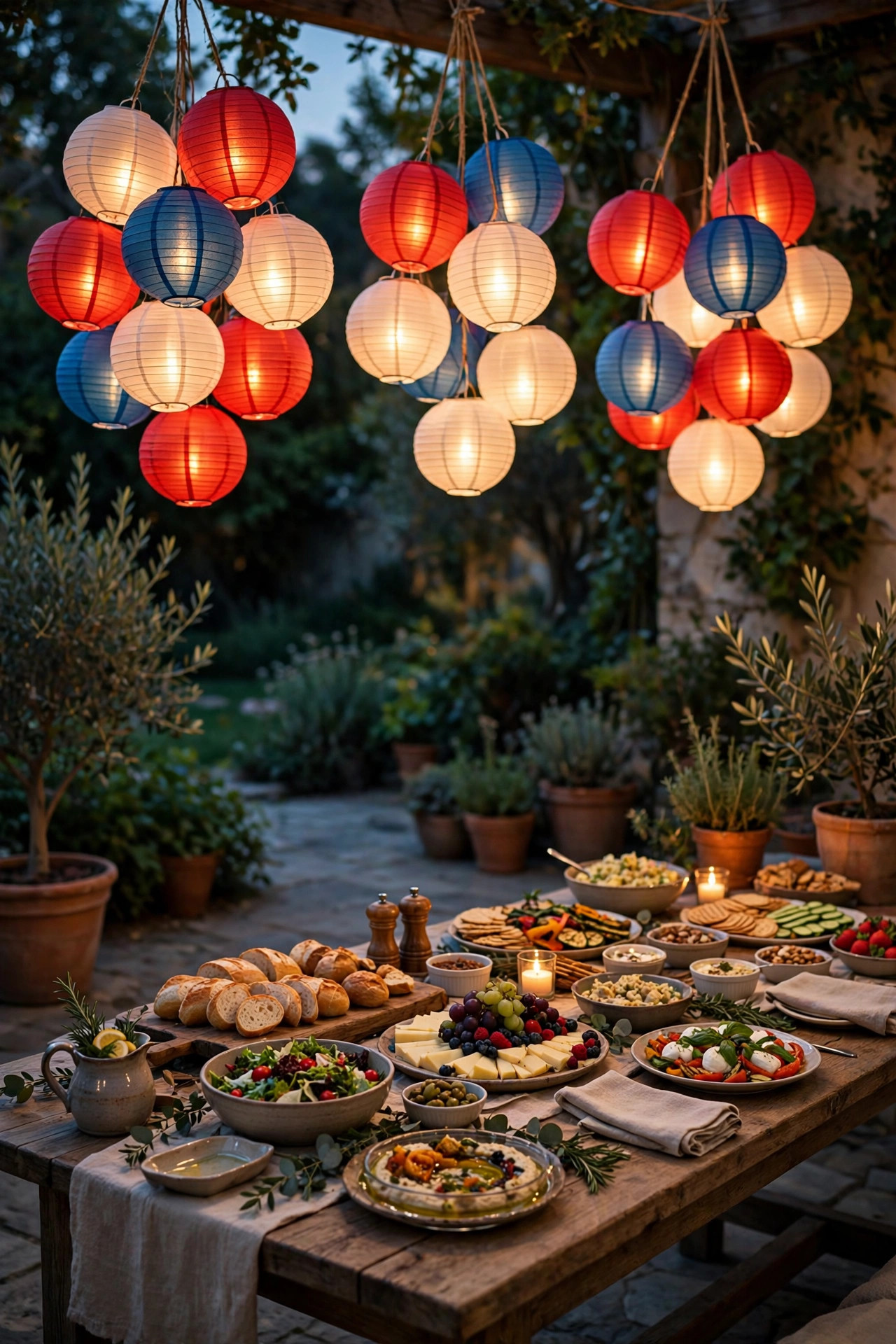 Clusters of red white and blue paper lanterns glowing over an outdoor buffet table on a patio at dusk