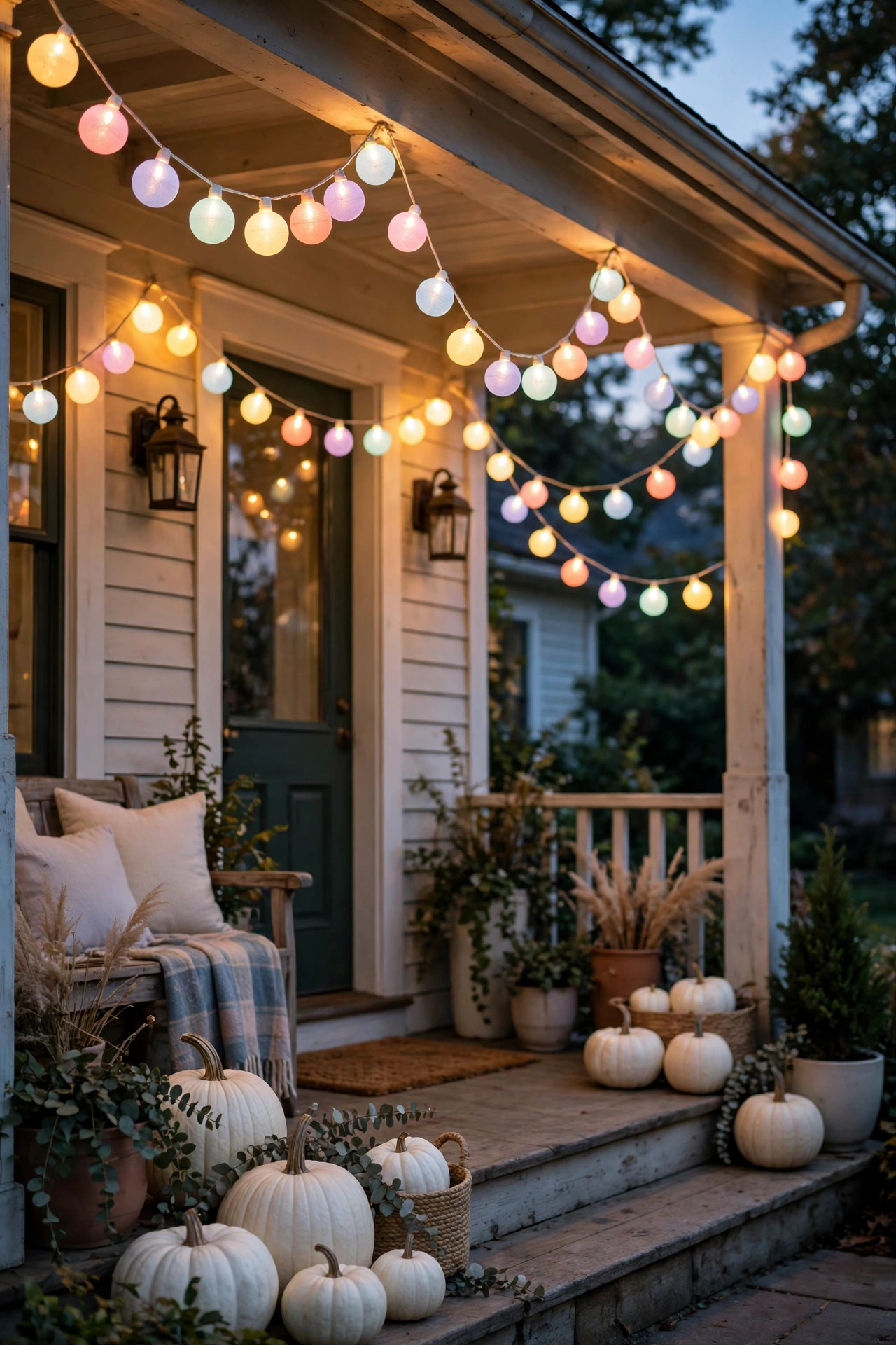Pastel rainbow globe string lights draped across a cozy front porch with white pumpkins at dusk